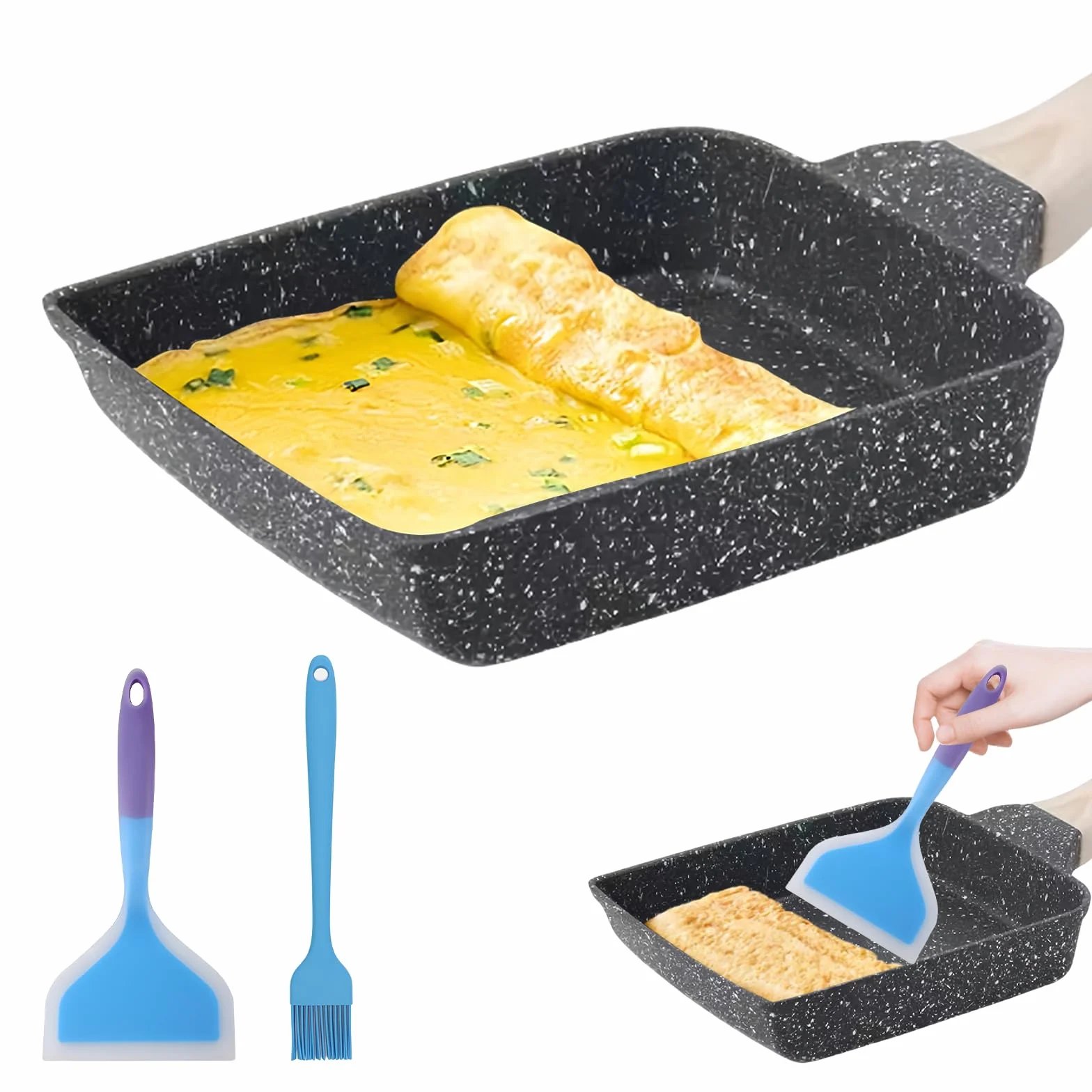 BORDEAG Japońska patelnia na omlet, japońska prostokątna patelnia, z kompatybilnym zdejmowanym uchwytem, z silikonową szpatułką i pędzlem do oleju, 18 x 15 cm