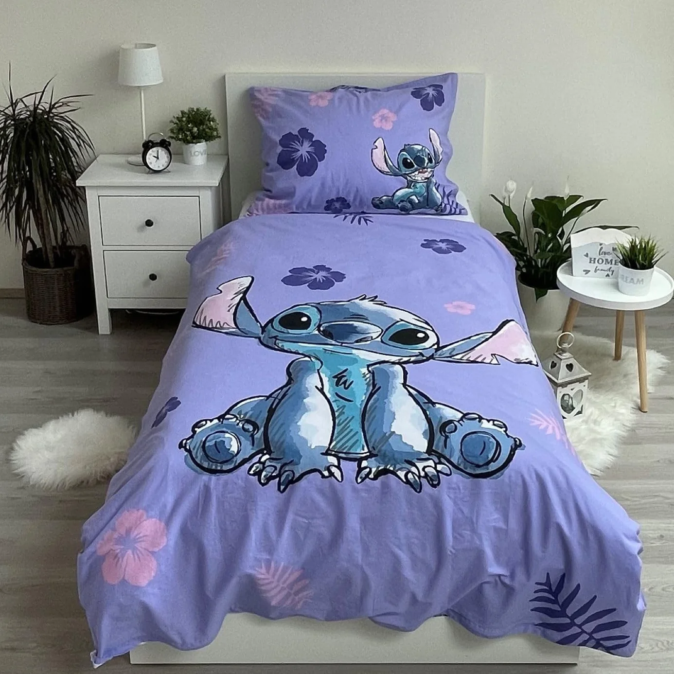 Jerry Fabrics Pościel dziecięca, pościel dwustronna, lilia i ścieg z kwiatami liliowa, poszewka na kołdrę 140 x 200 cm, poszewka na poduszkę 70 x 90 cm, 100% bawełna