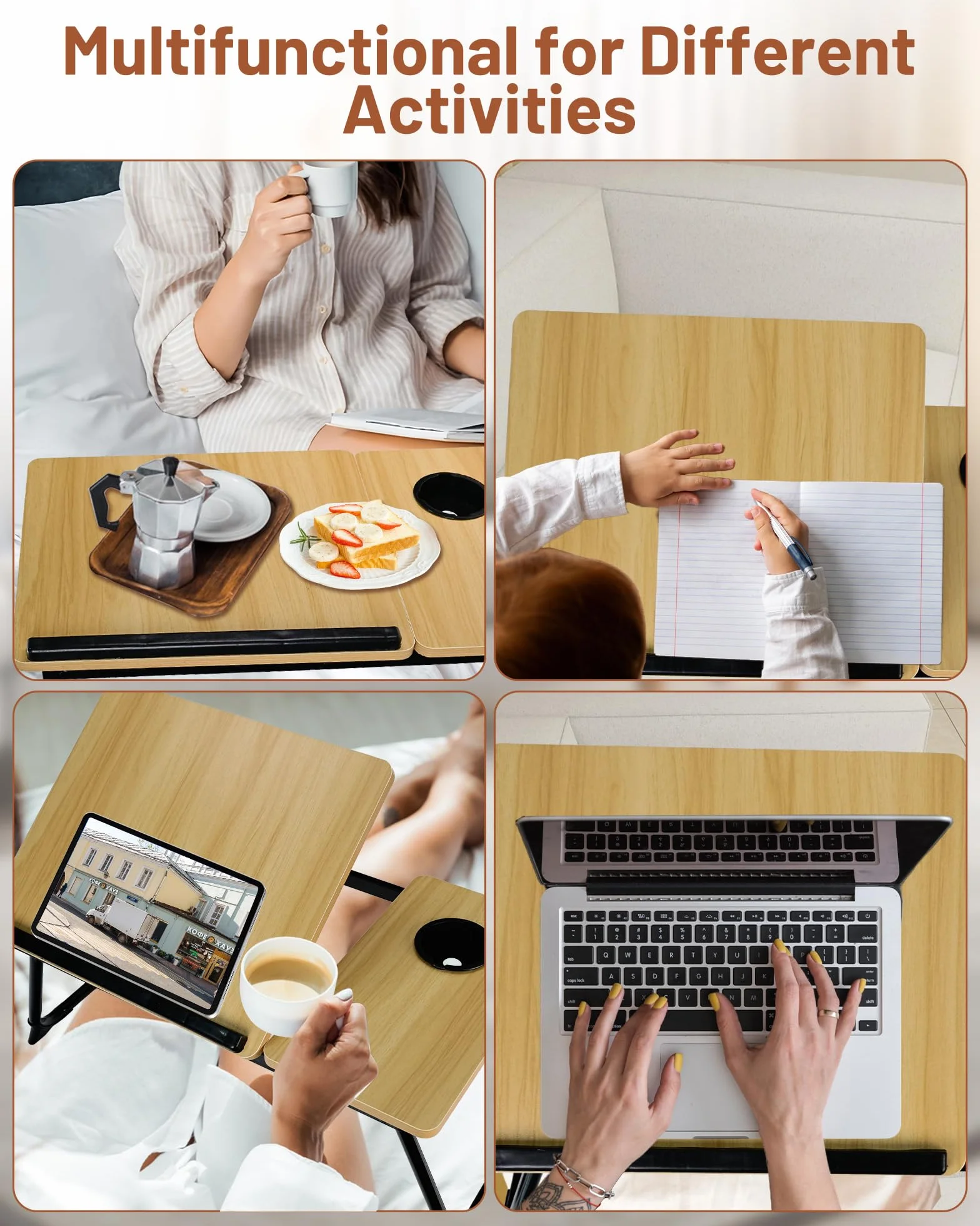 Stół Kość słoniowa Śniadanie Składany Stół Łóżko Regulowany i Przenośny dla Laptopa PC Uchwyt Notebook Tablet 60x40x28cm (Kość słoniowa)