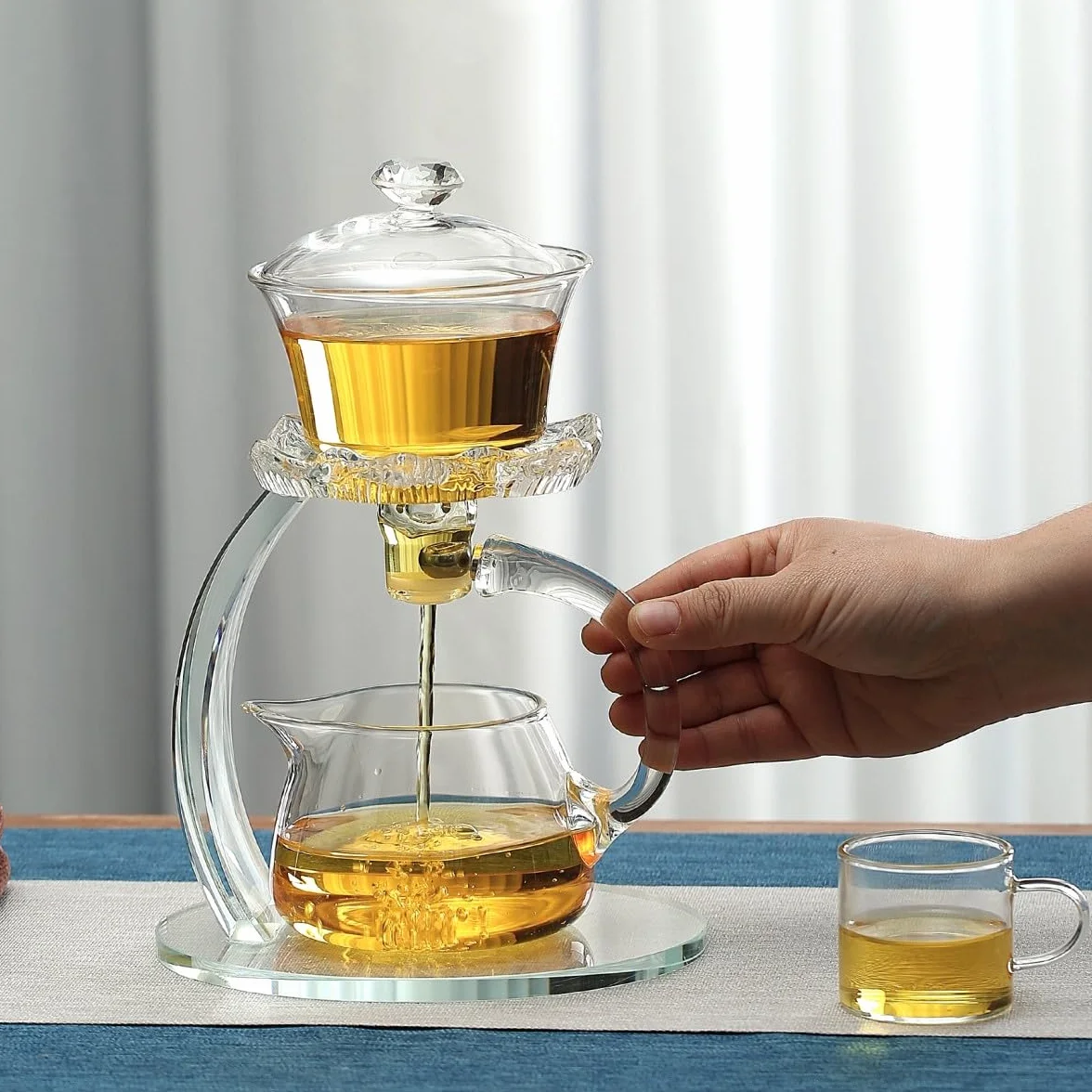 Półautomatyczny szklany czajniczek, Lazy Kungfu Drip Teapot z zaparzaczem, wzór kwiatu lotosu, żaroodporny szklany zestaw do herbaty, odpowiedni do recepcji w domu/biurze (przezroczysty,