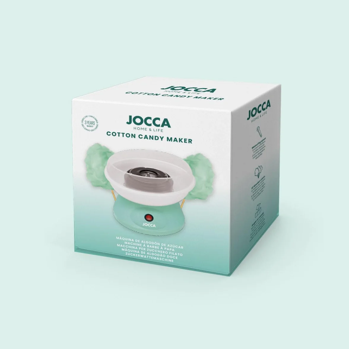 JOCCA - Maszyna do waty cukrowej | Gotowy w 5 min | Użyj cukru lub cukierków | Łatwe czyszczenie | Zawiera łyżkę pomiarową i 10 pałeczek | 520W | 26x26x17cm