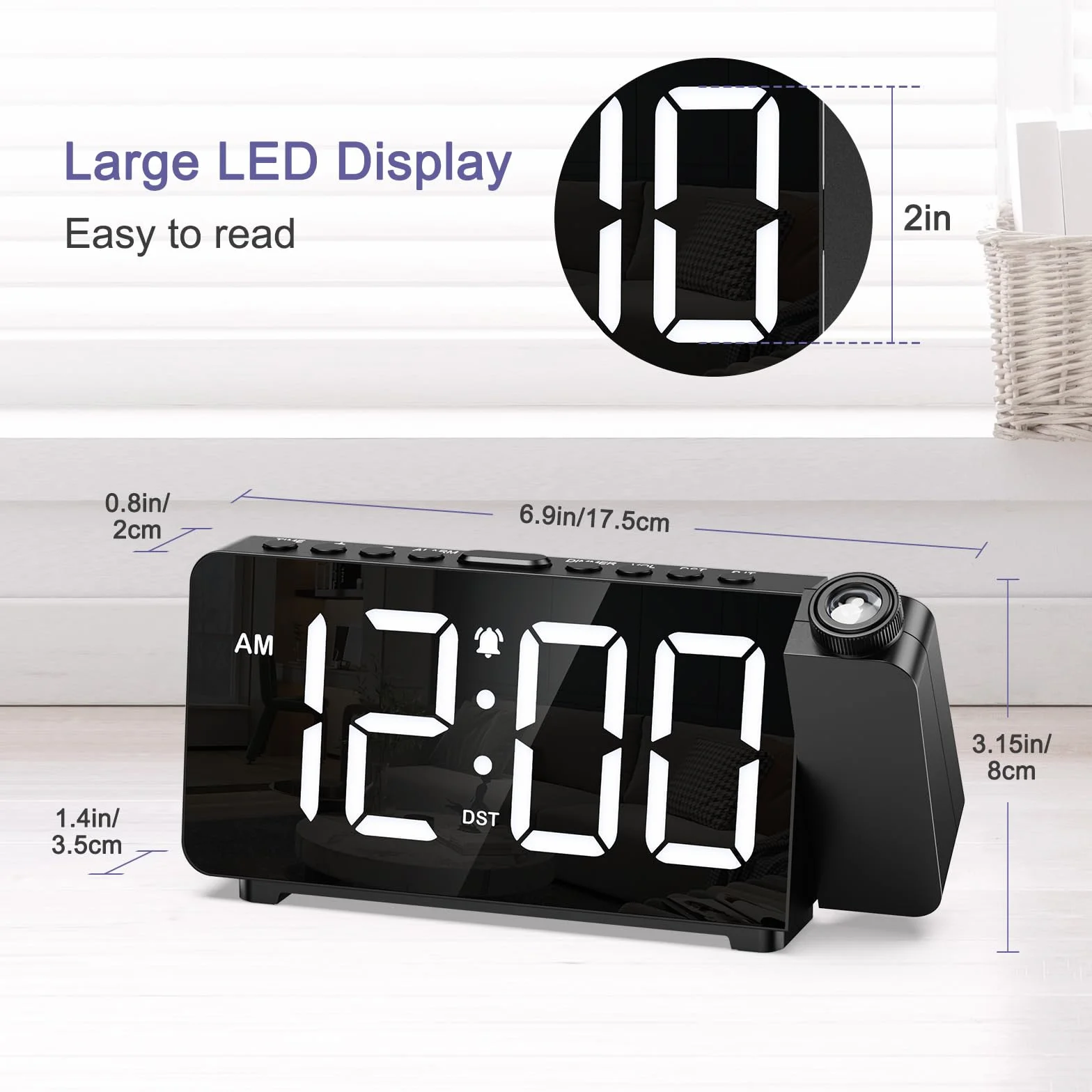 Budzik z projekcją, 7,4" LED, cyfrowy projektor 180°, 3-stopniowa regulacja jasności i ogniskowej, 5 poziomów jasności i 3 głośności, budzik projekcyjny 12/24 h, DST, drzemka