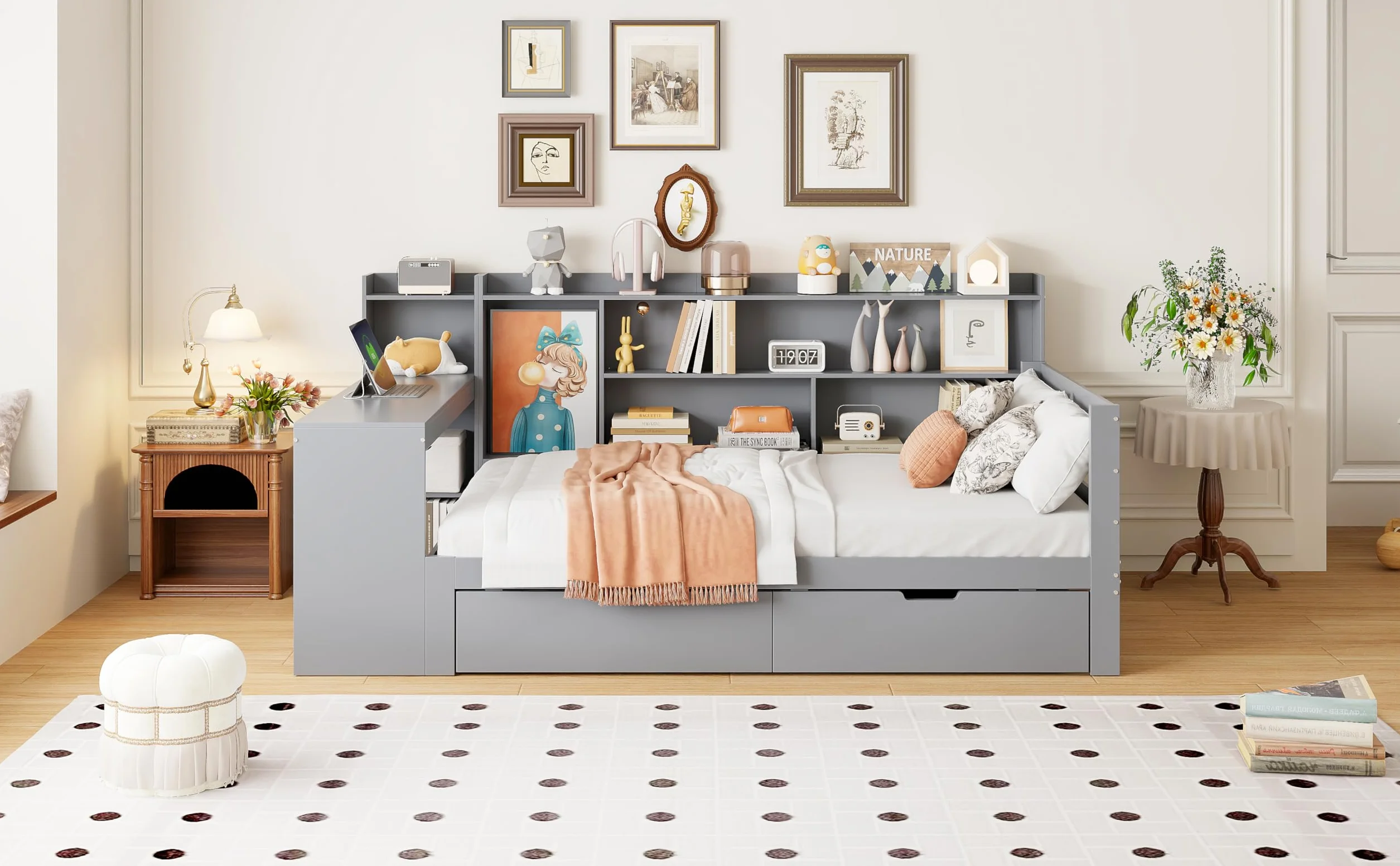 Wielofunkcyjna sofa z funkcją spania z litego drewna z wbudowanym biurkiem, gniazdkiem i miejscem do przechowywania – zajmuje mało miejsca 90 x 200 cm, w kolorze szarym do salonu, pokoju gościnnego