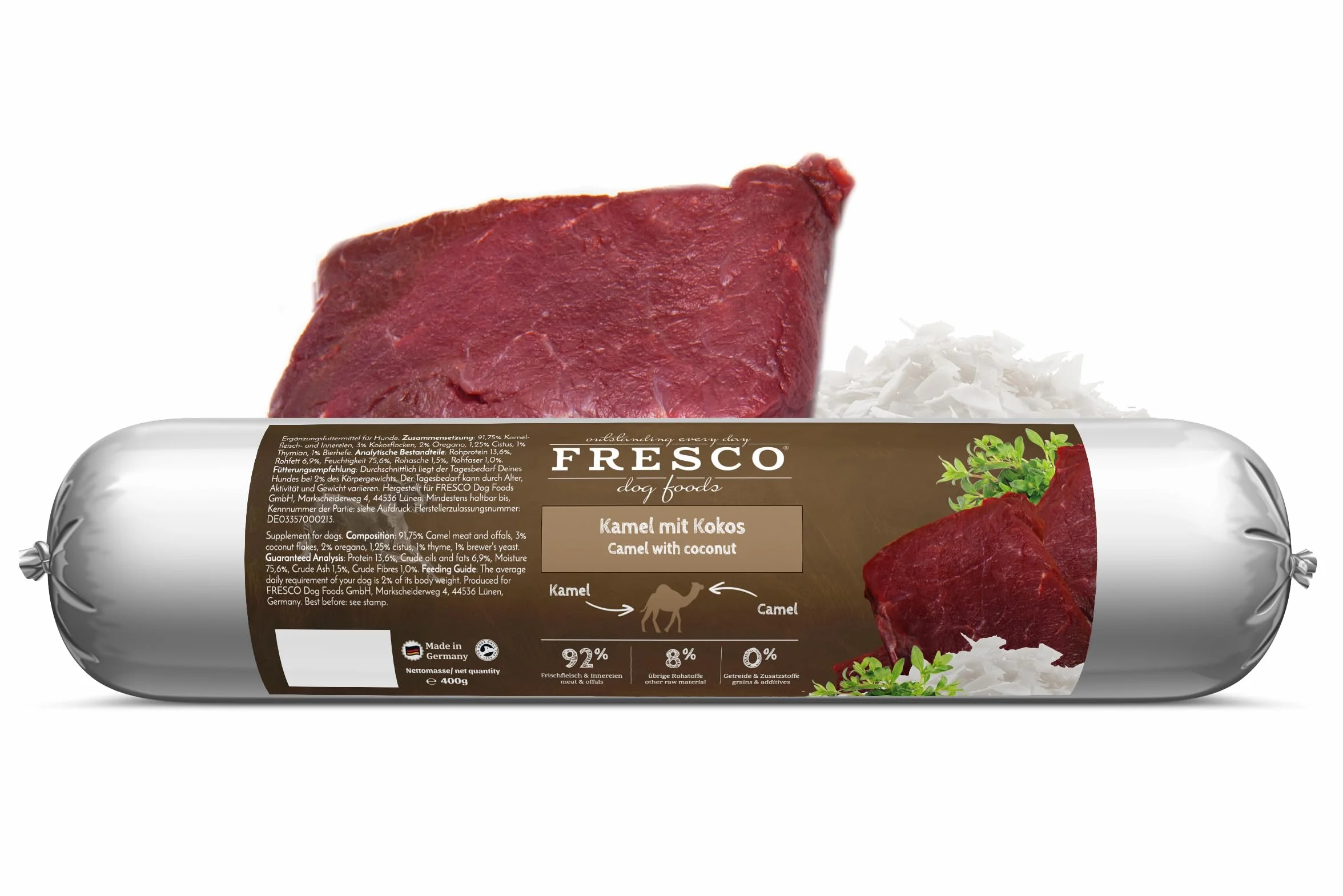 Fresco Dog Barf Wurst Kompletne menu wielbłąda z kokosem | dwupak | 2 x 400 g | karma dla psów z wielbłądem z kokosem | może pomóc w optymalnej pielęgnacji psów
