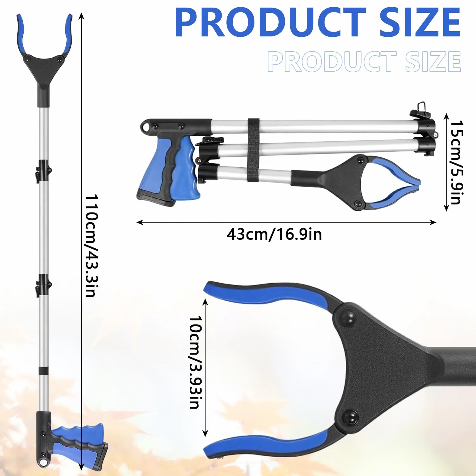 Składane szczypce do zbierania przedmiotów o 110 cm, teleskopowe szczypce z szeroką obrotową głowicą chwytu o 360°, dla osób starszych, niepełnosprawnych, kobiet w ciąży