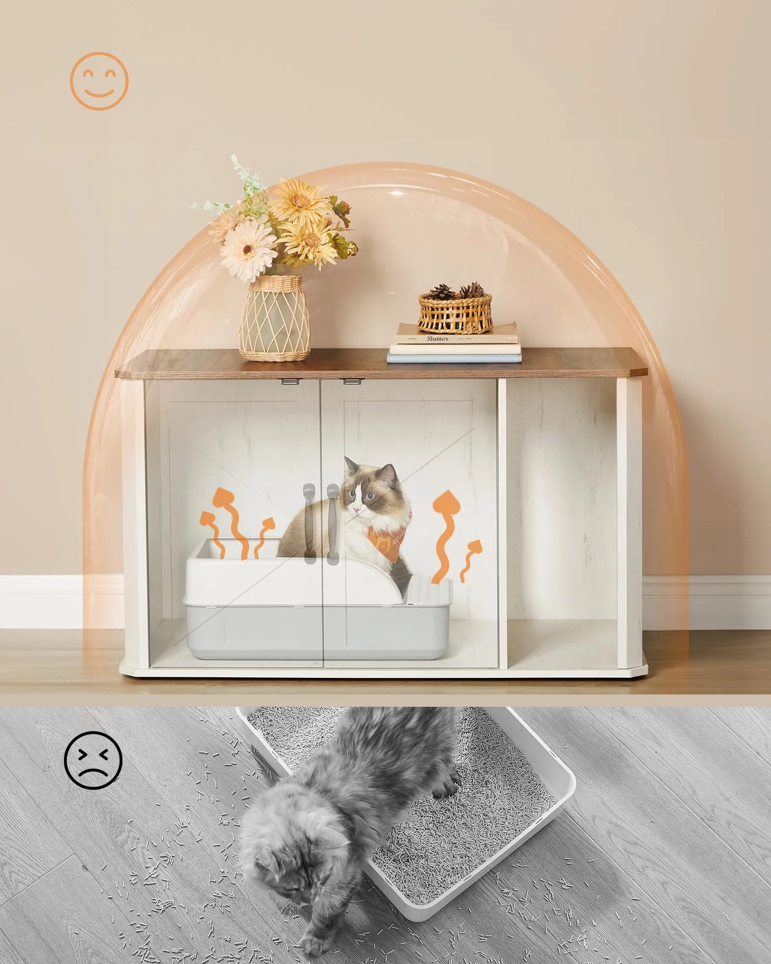Feandrea Cat House szafka na kuwetę 85 x 48,5 x 50 cm miodowy brąz-biel vintage