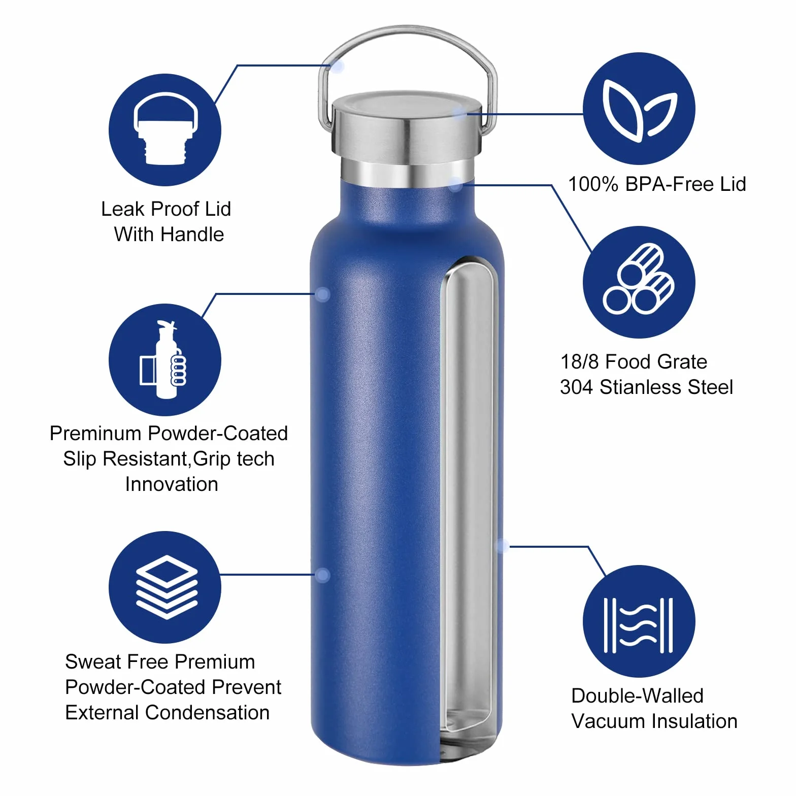 Volhoply Butelka 600 ml, stal nierdzewna, z podwójnymi ściankami, izolowana próżniowo, dla dzieci, metalowa, szczelna, na wodę, do uprawiania sportu, szkoły, na zewnątrz (morska)