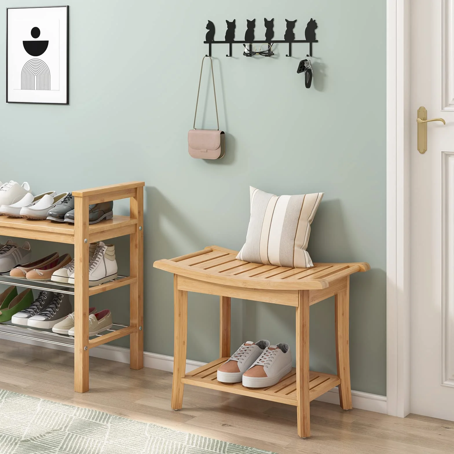 HOCSOK Taboret Bambusowy, ławka do siedzenia, stołek prysznicowy, wodoodporny, antypoślizgowy, 2 poziomy, do domu, łazienki, ogrodu, balkonu, 60 x 33 x 46 cm, meble łazienkowe, kolor