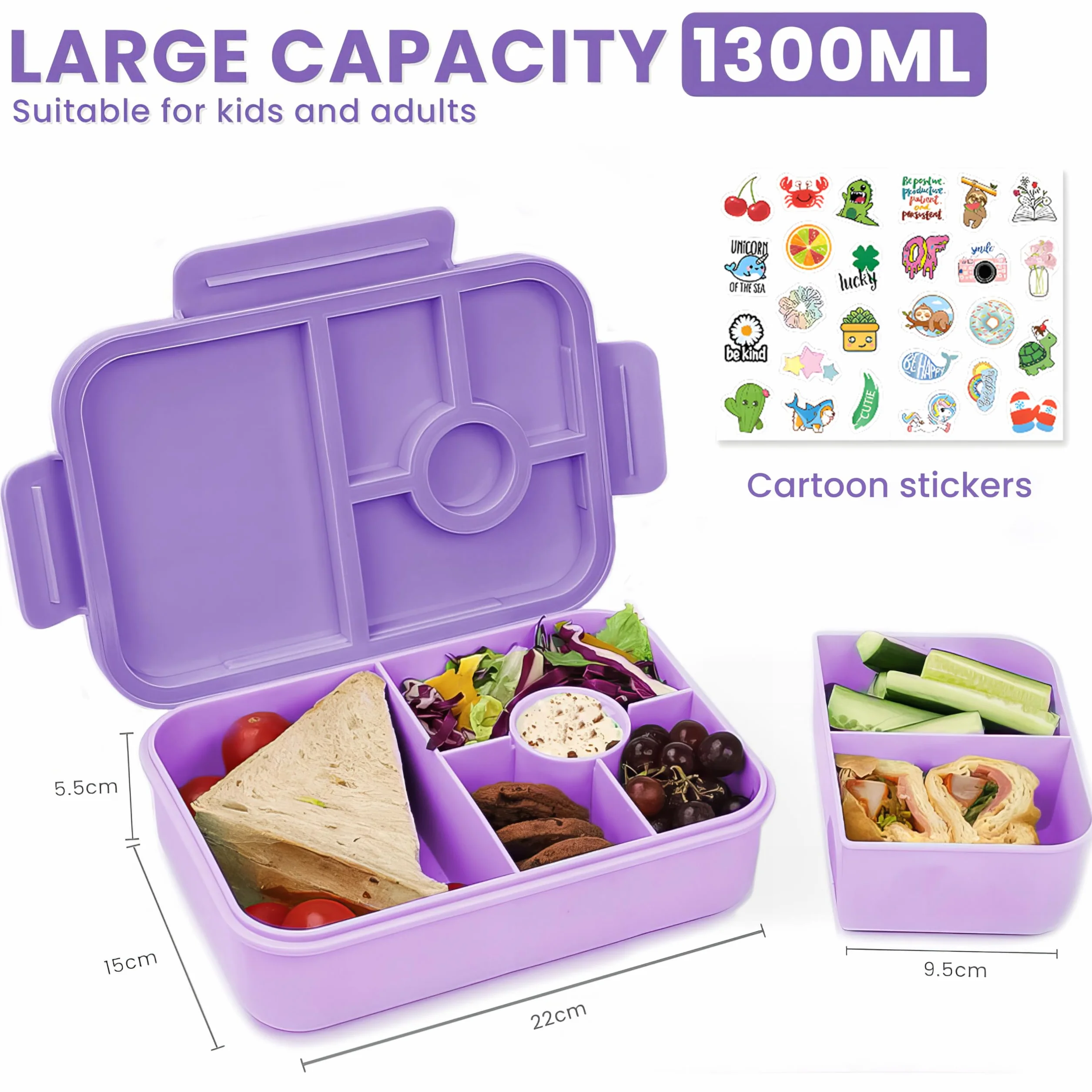 Bugucat Pudełko śniadaniowe dla dzieci z przegródkami, 1300 ml, szczelne, z 5 przegródkami, Bento Box dla dorosłych, pudełko śniadaniowe dla chłopców i dziewczynek, fioletowe