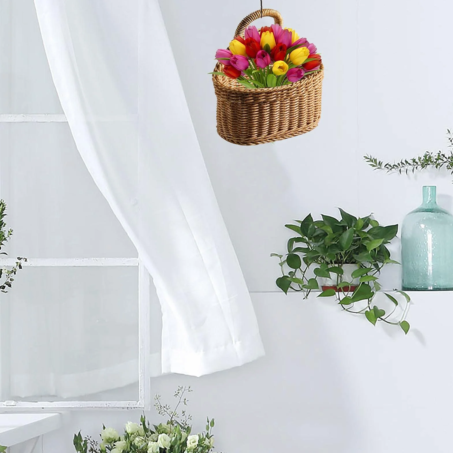 Ręcznie tkany wiszący kosz rattanowy doniczki na kwiaty naturalny kosz wiklinowy montowany na ścianie wiszący kosz do przechowywania kluczy do dekoracji domu ogrodu