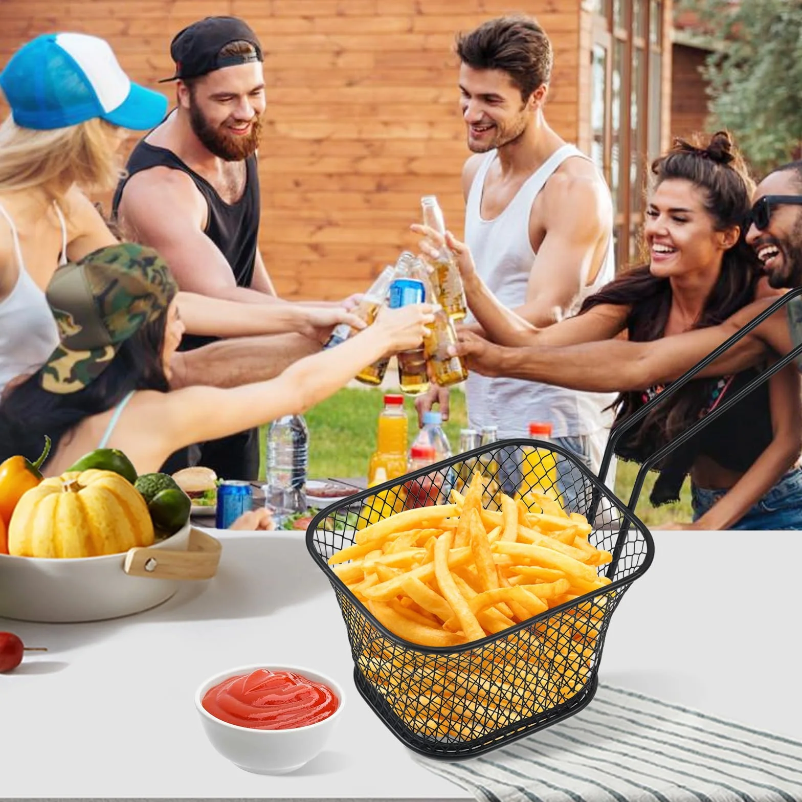 Koszyki do frytek, 12 sztuk, małe czarne koszyki do serwowania frytek, mini koszyków ze stali nierdzewnej, do frytek, mini koszyków do smażenia z uchwytem, koszyki do serwowania frytek, krewetek
