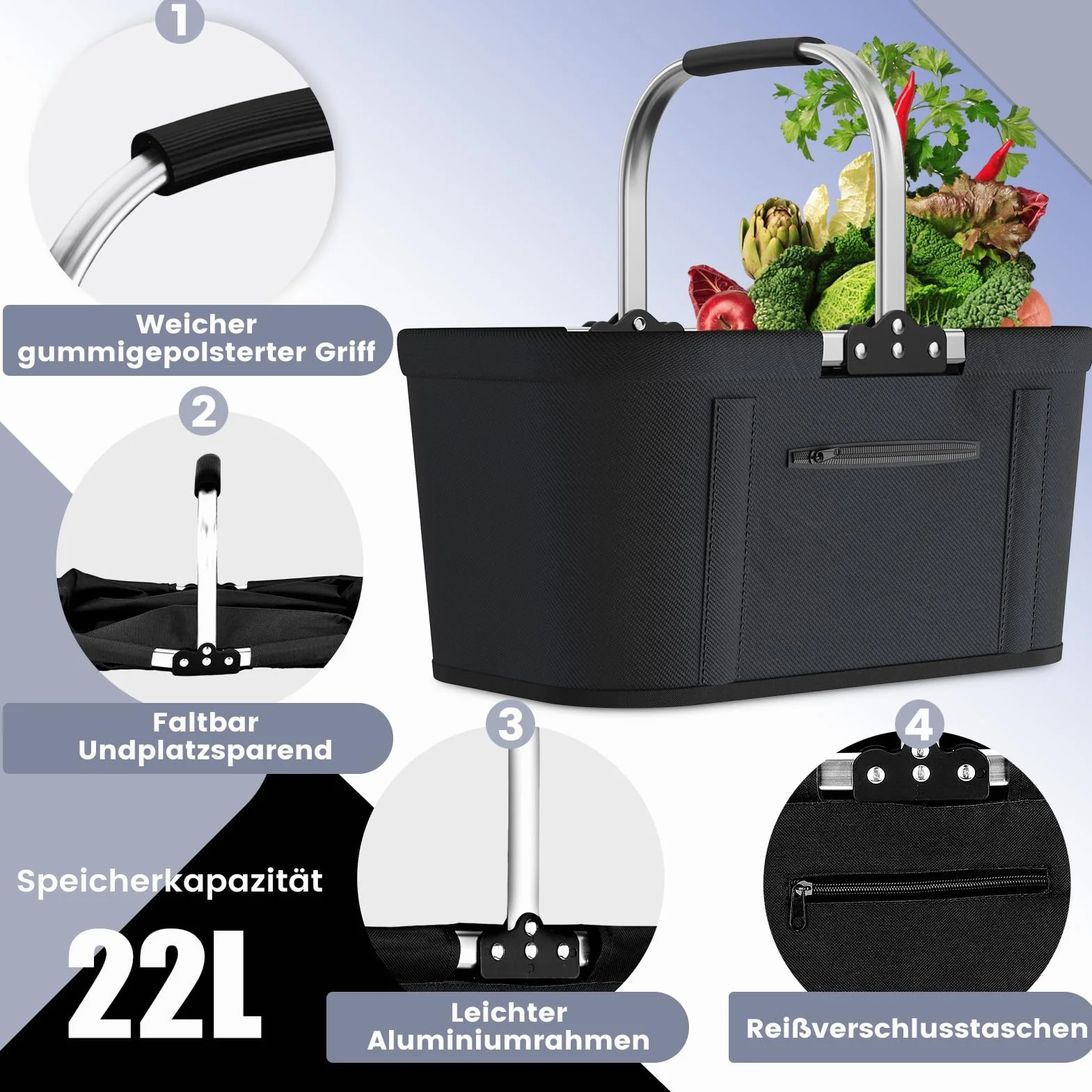 Yeabett Składany kosz na zakupy 22 l, z 4 drążkami podporowymi, stabilny kosz do noszenia i kosz piknikowy, duży, składany kosz dla rodziny (43 x 27 x 23 cm), z wyściełanymi uchwytami, na zakupy, w