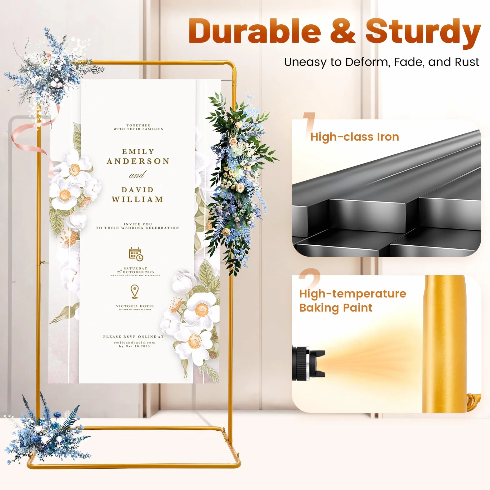 Metalowy prostokątny stelaż weselny, złoty, regulowany łuk weselny z żelaza, stabilny stelaż dekoracyjny, nośność do 8 kg, 105 × 67,5 × 200 cm, na wesele, do ogrodu, na imprezę, do dekoracji