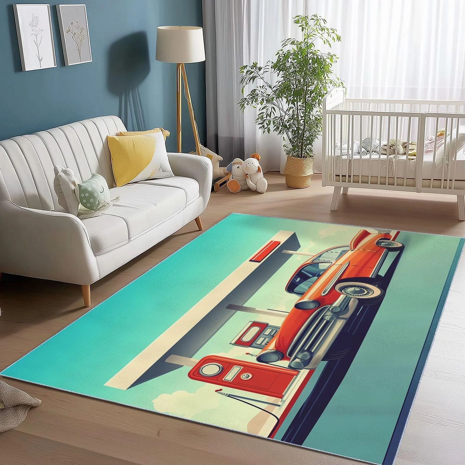 Dywan do salonu 160 x 230 cm Można prać w pralce Duży dywan Sypialnia Dorosły Retro Samochody Stacje Obsługiwane Miękkie Łóżko Downhill Dekoracja Sypialni Jedzenie, Czerwony