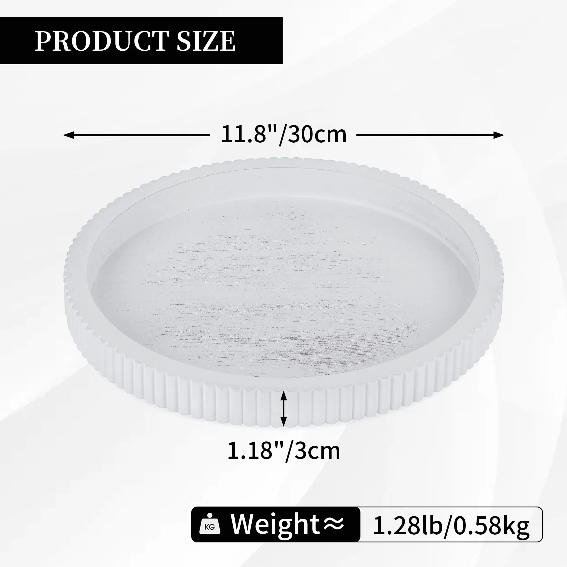 Hanobe Okrągła dekoracyjna taca Deco: Shabby Chic Białe drewniane tacki do serwowania do kuchni salonu - 30 cm Nowoczesna dekoracja domu Pionowe paski na stolik kawowy Wejście
