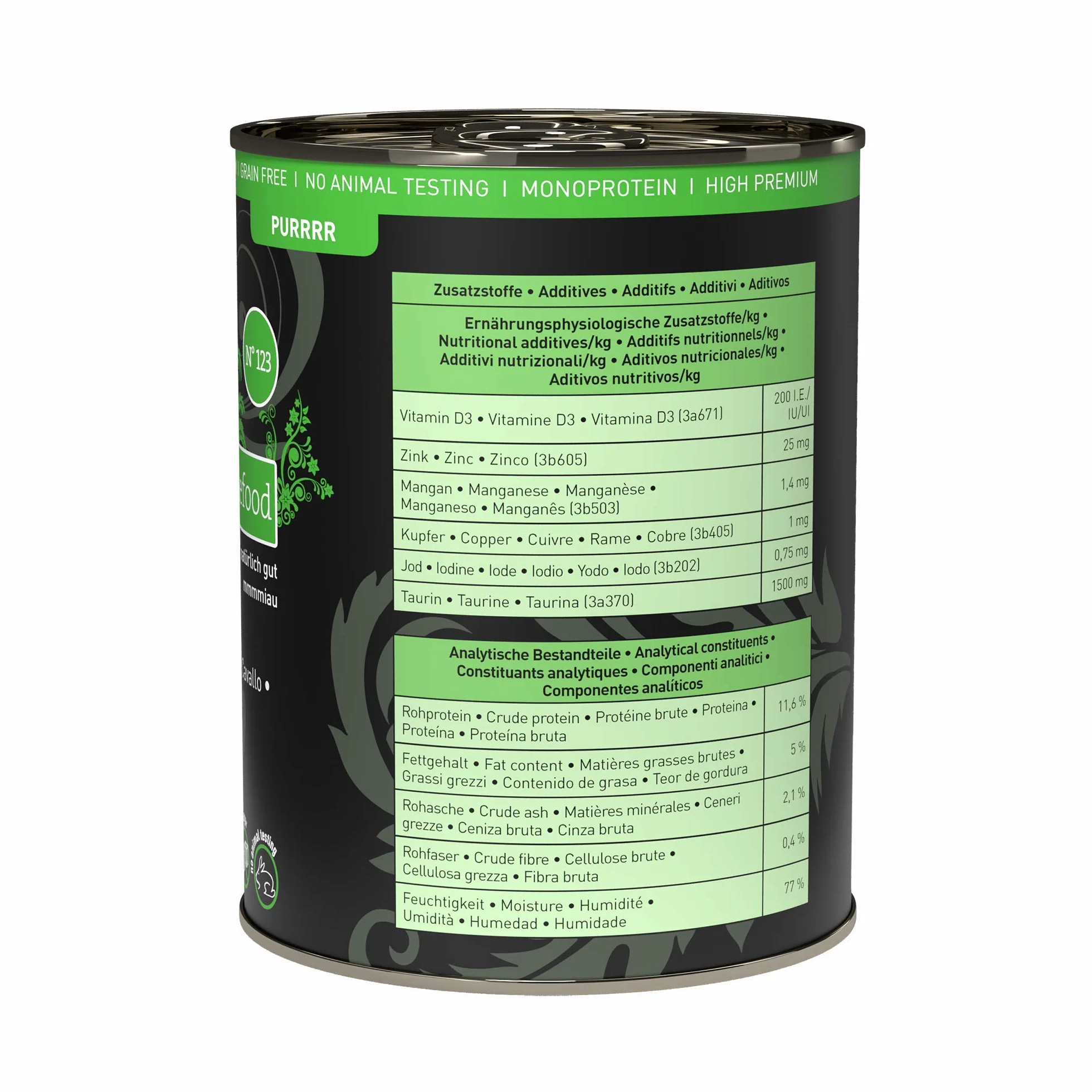 catz finefood Purrrr monoprotein karma dla kotów mokra nr 123, dla kotów wrażliwych na odżywianie, 70% zawartości mięsa, puszka 6 x 400 g
