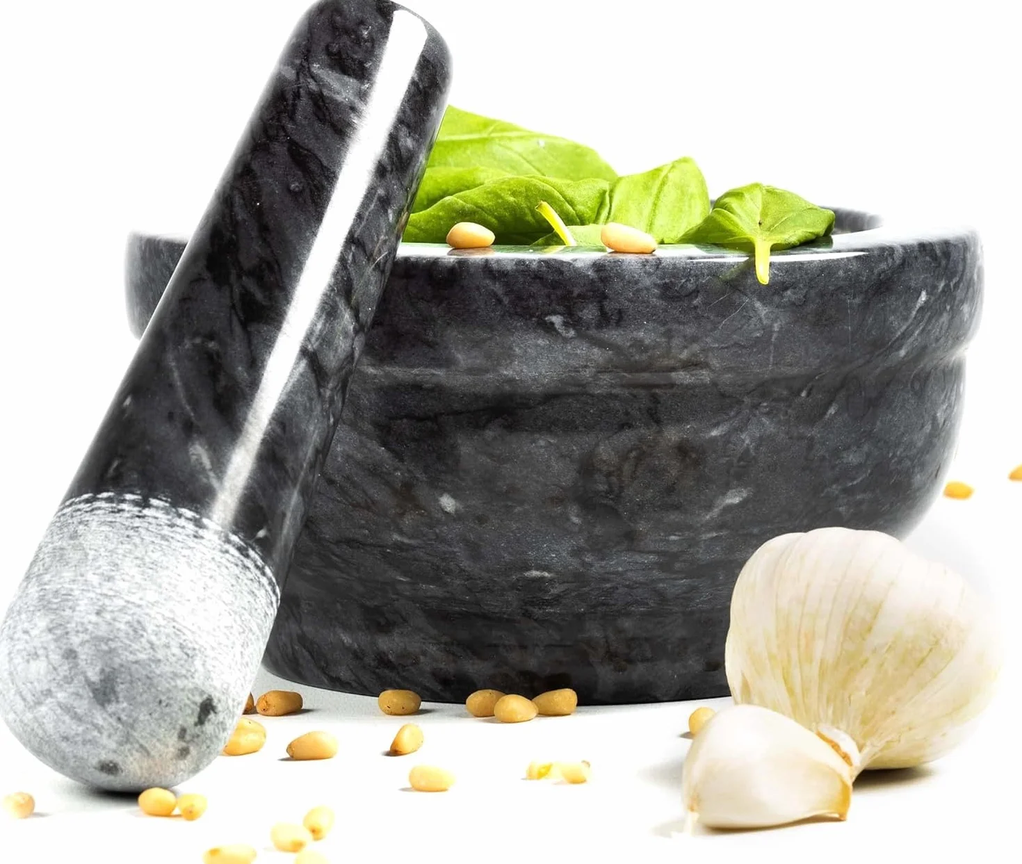 Coninx Moździerz marmurowy z tłuczkiem - Antracytowy kamień naturalny, Do ziół, guacamole, pesto i ciast - Profesjonalny, wytrzymały - 150 x 80 mm