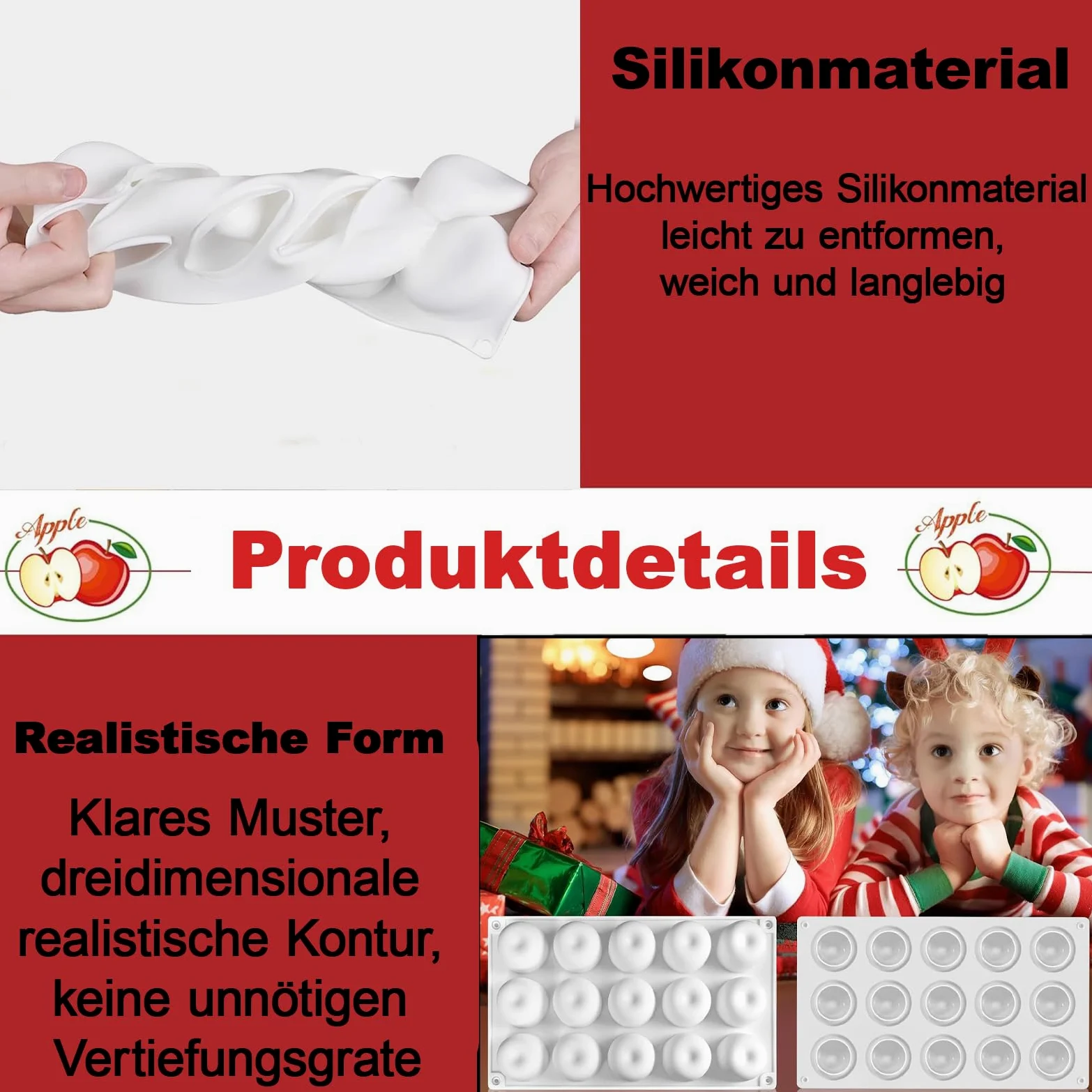 Silikonowe formy 3D do pieczenia jabłek, do 15 zagłębień, nieprzywierająca, silikonowa forma do jabłek, owoców, do czekoladowych kul, ciast, musów kopułowych, wypieków, budyniu (Ø 43 mm) (kolor biały