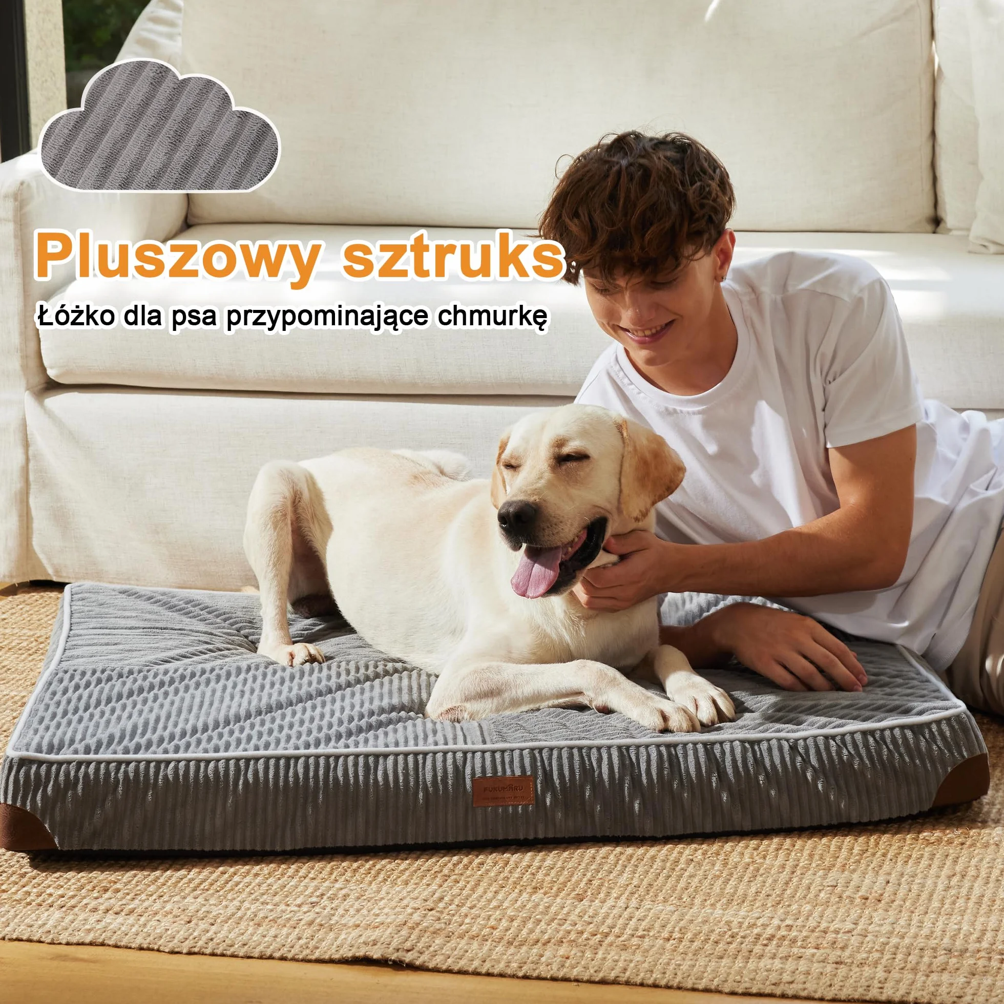 FUKUMARU Legowisko Ortopedyczne dla Psów, Duże XL, Gruby Sztruks, Zdejmowany Pokrowiec do Prania, Wodoodporna Mata do Klatki, Pianka 28D Egg Crate, Antypoślizgowy Spód, Jasnoszary