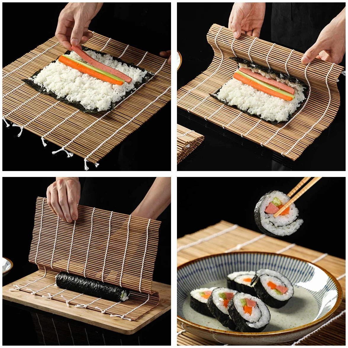 Kompletny Zestaw do Sushi - 10 Bambusowych Elementów, 2 Maty, Łyżka do Ryżu, Nóż, 5 Par Pałeczek, Woreczek z Tkaniny - DIY