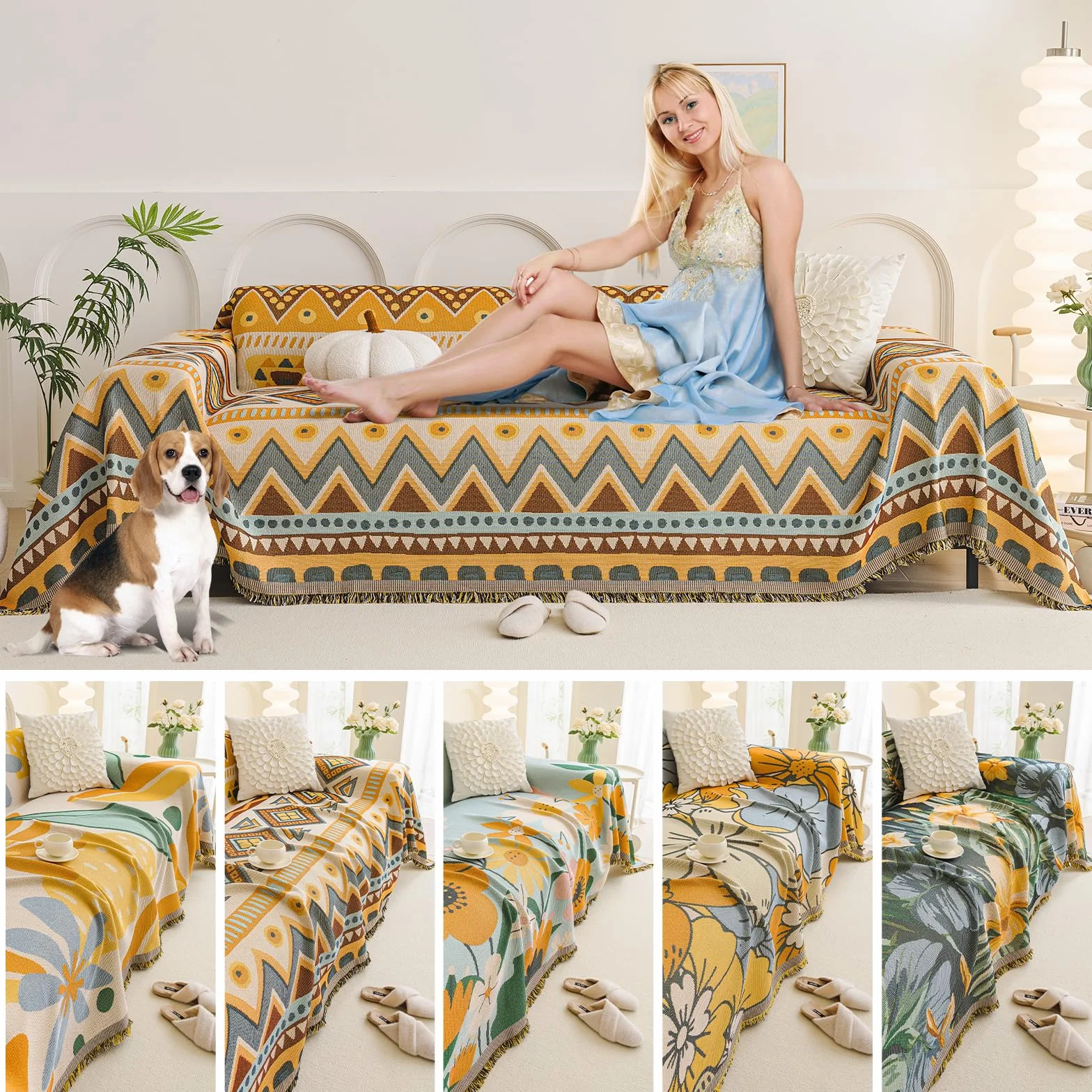 Narzuta na sofę, duża, 3-osobowa, tkana narzuta na sofę z frędzlami, oddychająca, wszechstronna, na sofę, łóżko i fotel, 180 x 300 cm, boho