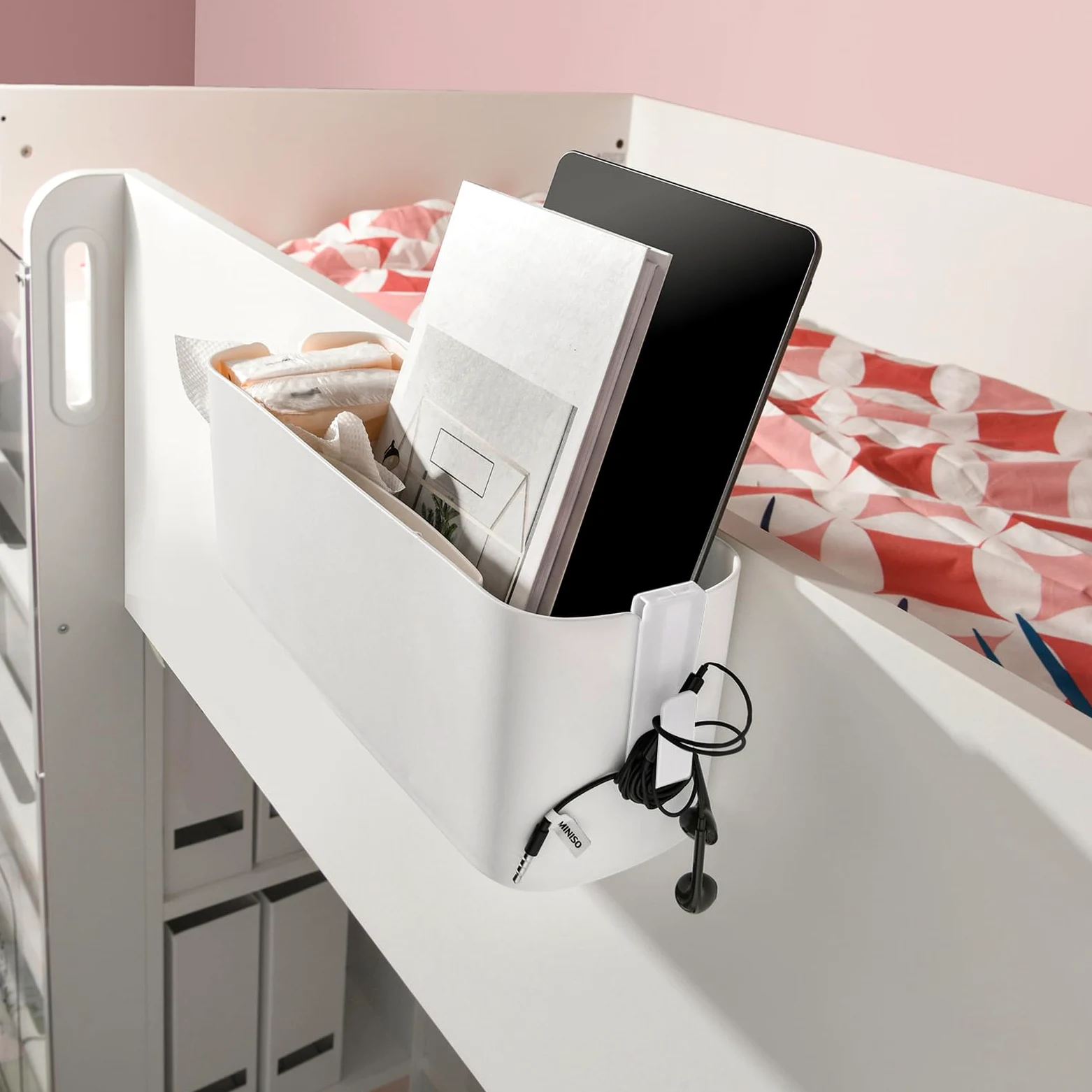 ASelected Organizer na łóżko, do zawieszenia, organizer na łóżko, torba na łóżko, do zawieszenia, z 2 zdejmowanymi haczykami, na książkę, magazynek, zabawkę, telefon komórkowy, słuchawki