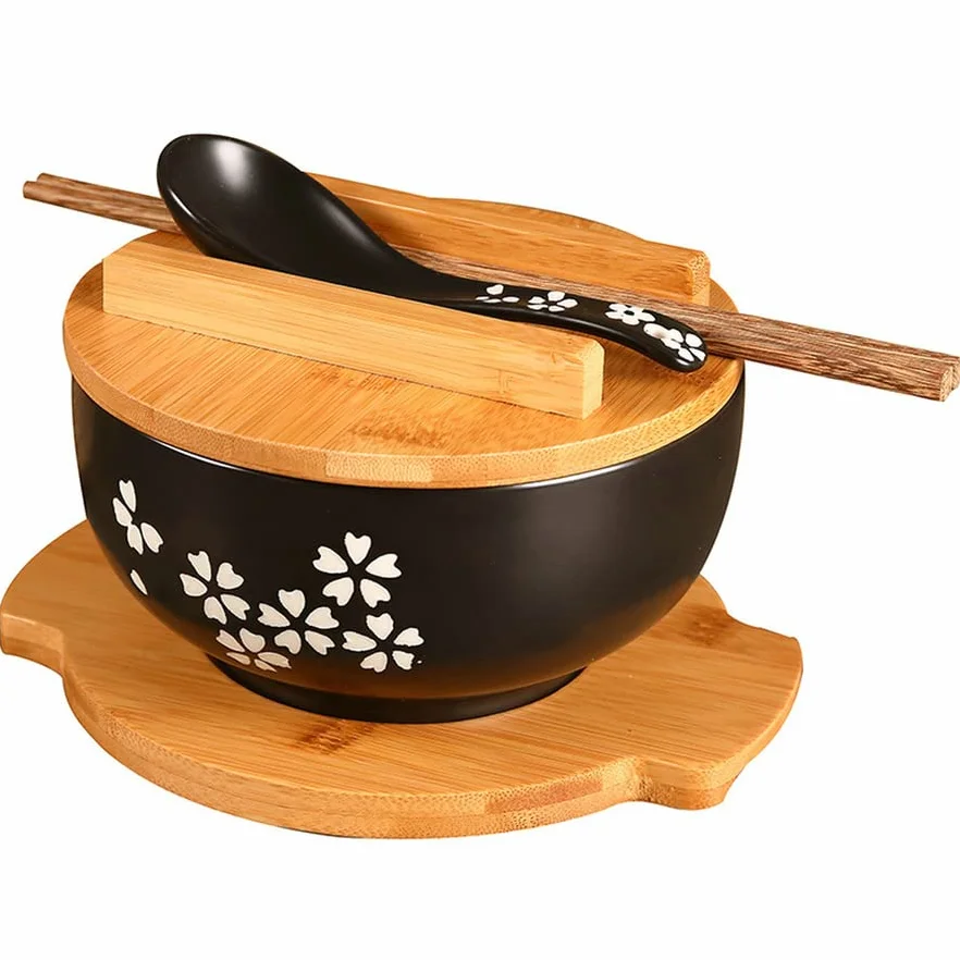 1 zestaw misek na makaron ryżowy w japońskim stylu z pokrywką łyżką i pałeczką kuchenna zastawa stołowa ceramiczna miska do zupy sałatkowej, pojemnik na żywność (5 szt./zestaw - czarny)