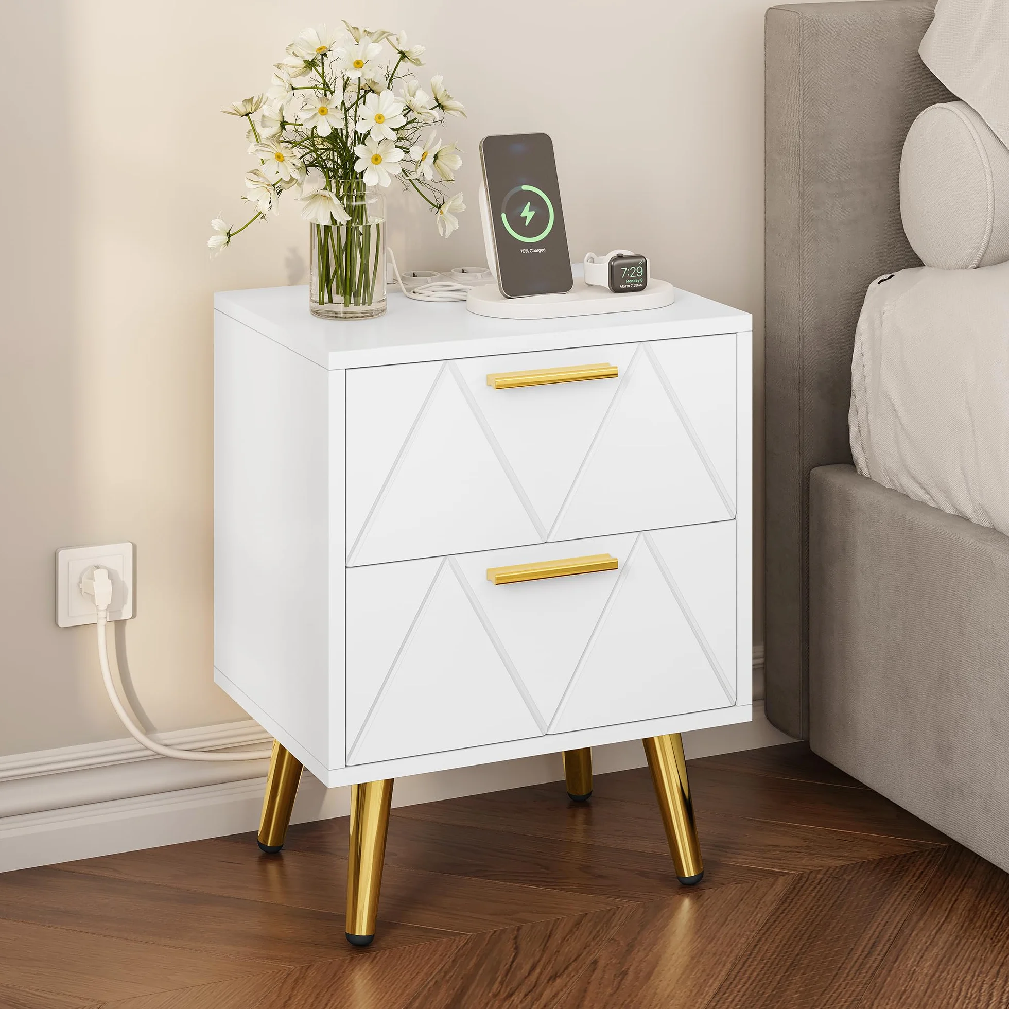 YITAHOME Stolik nocny z 2 szufladami, 2 portami USB i gniazdkami, komoda nocna ze złotymi metalowymi nogami i uchwytami, stolik pomocniczy z miejscem do przechowywania do salonu, sypialni, 40 x 30 x