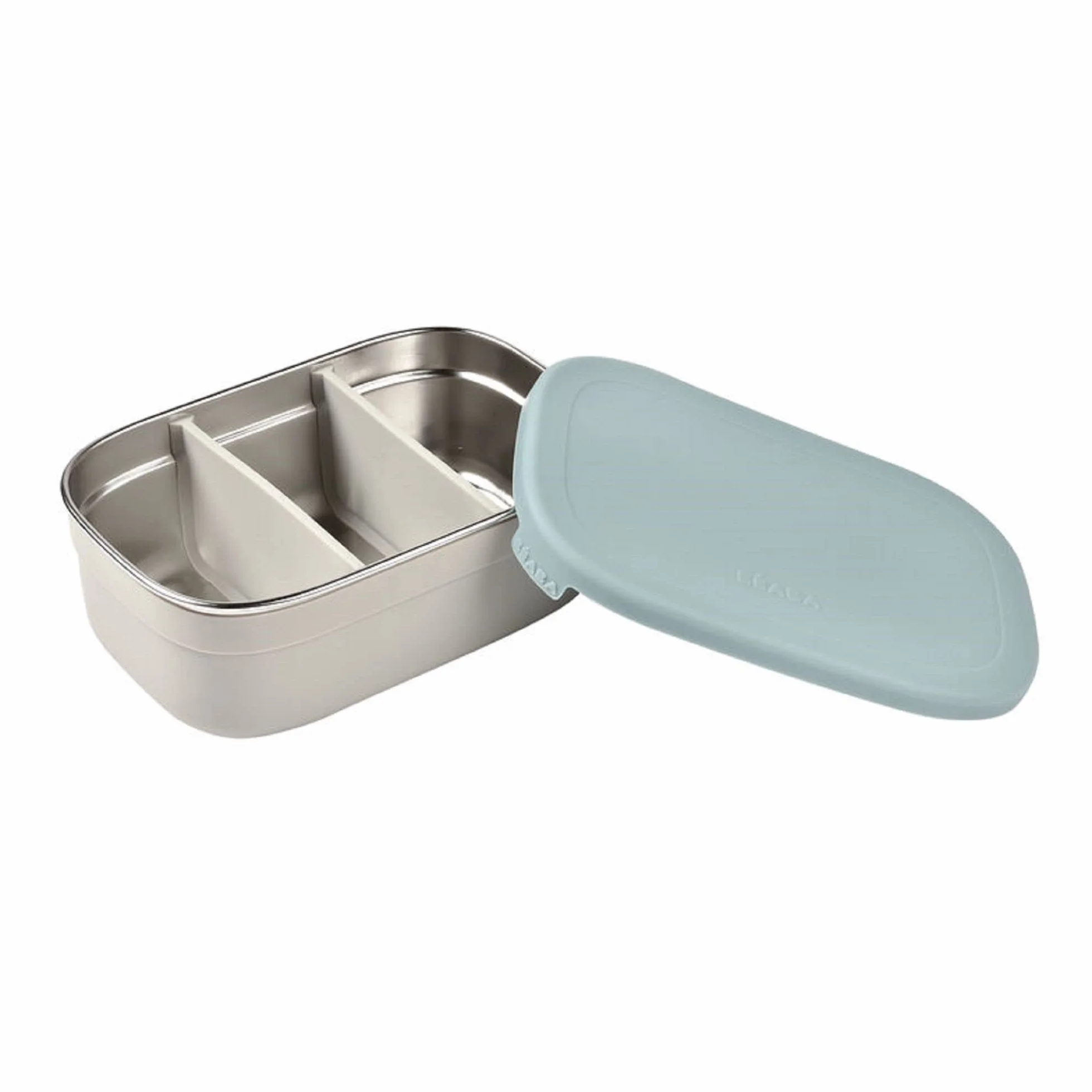 BÉABA, Pudełko śniadaniowe dla dzieci, pudełko na lunch/lunch, pudełko ze stali nierdzewnej, Bento, przegrody, pokrowiec silikonowy, 760 ml, aksamitny szary/bałtycki niebieski
