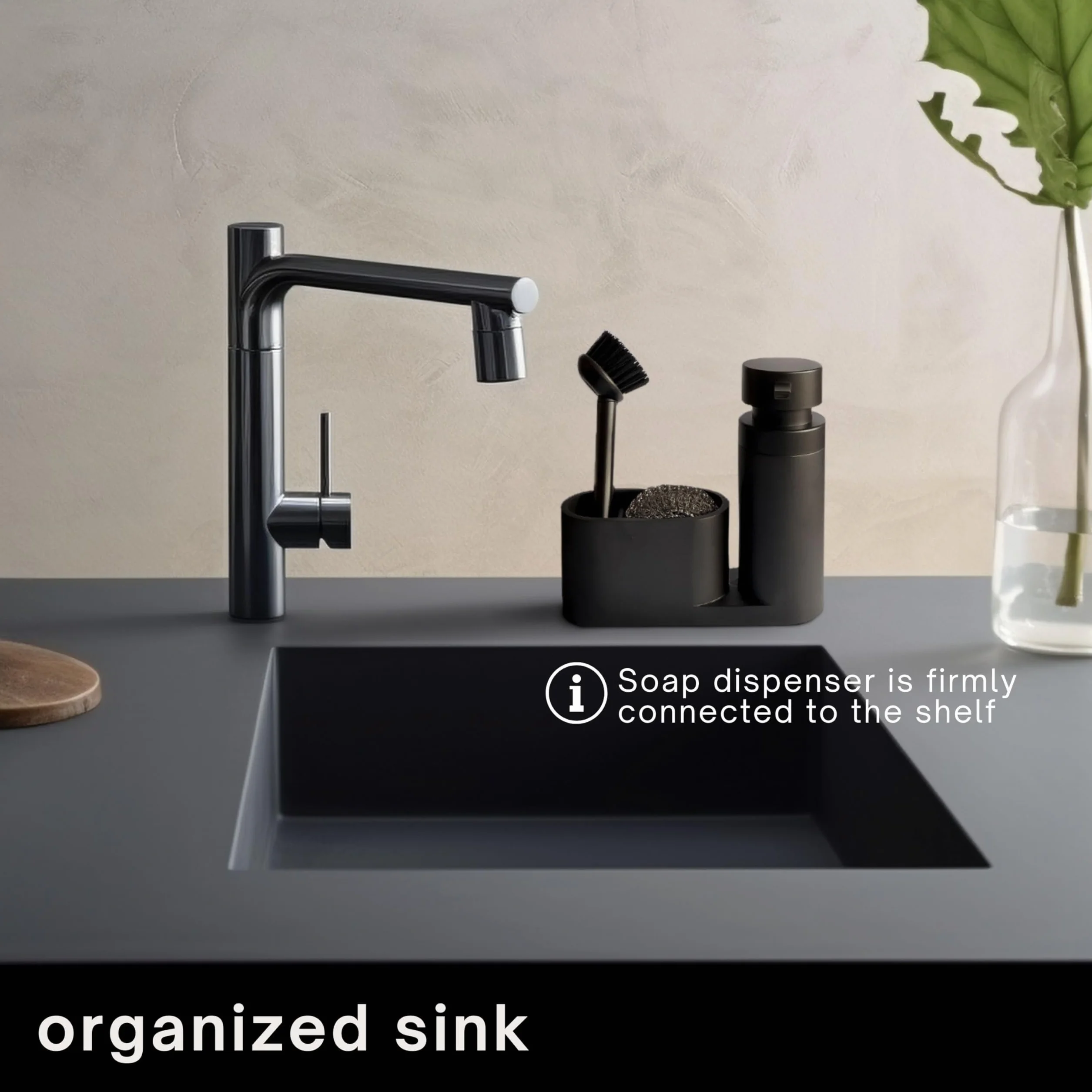 Black Sweden Home Designerski organizator do zlewozmywaka z sztucznego kamienia – czarny matowy zestaw dozownik płynu do mycia naczyń