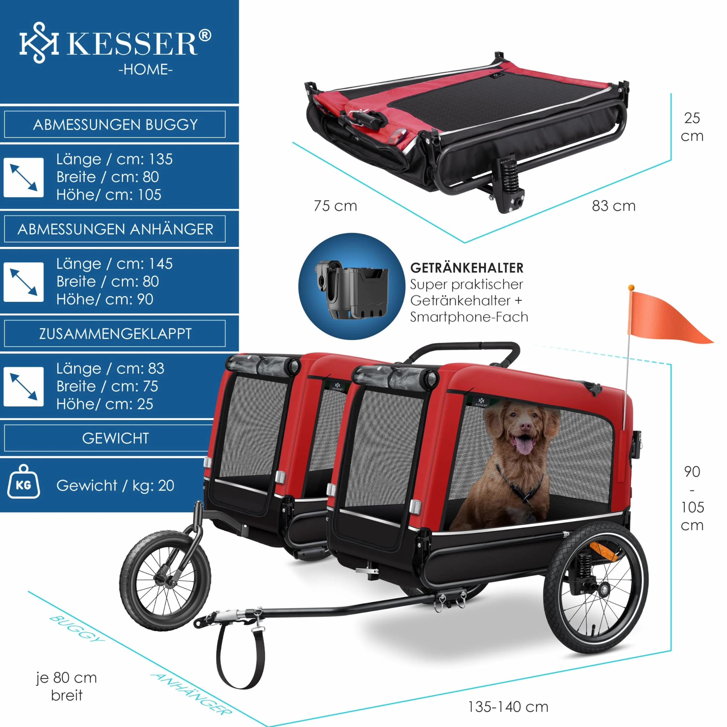 KESSER® Przyczepa dla psa 3 w 1 pies bug & jogger przyczepka rowerowa duża pojemność ok. 240 litrów, sprężyna, materiał: płótno 600D, SmartSpace Concept, maksymalne obciążenie: 40 kg