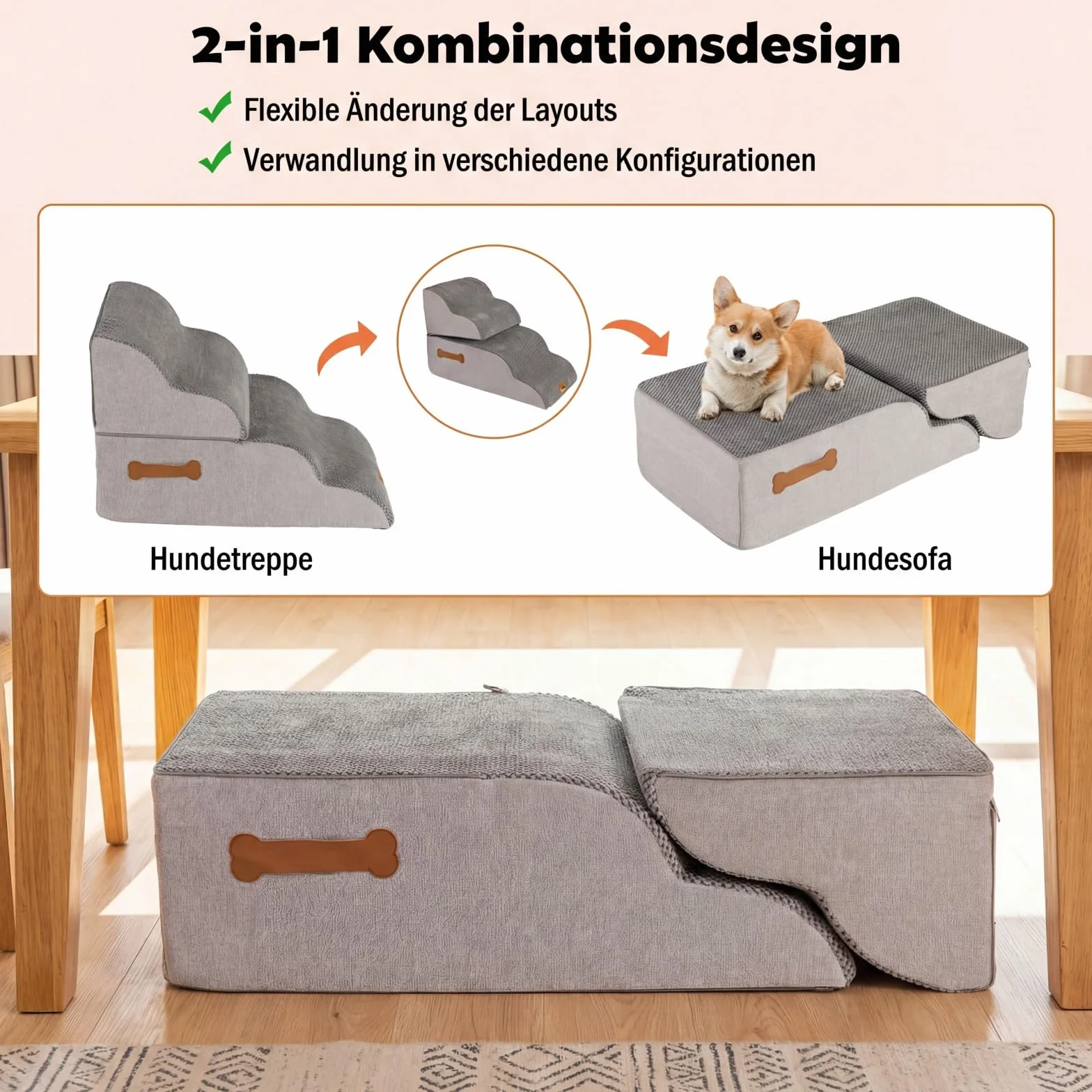 COSTWAY Schody dla psów 4/5 stopni, schody dla zwierząt domowych dla małych psów i kotów, 50 cm wysokości, schody z gęstej gąbki, rampa dla psów ze zdejmowanym pokrowcem, antypoślizgowe dno, do łóżka