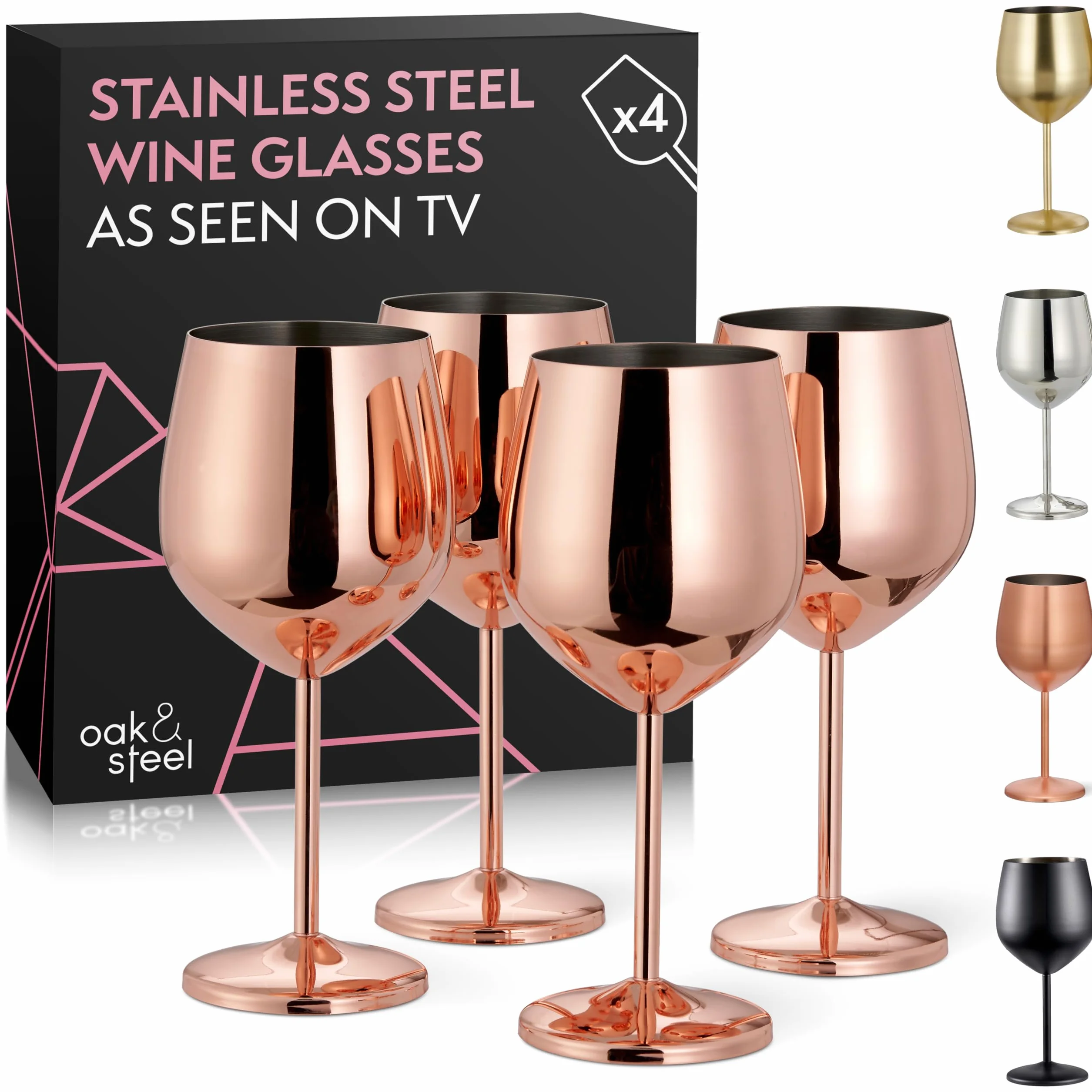 Oak & Steel - 4 eleganckie kieliszki do wina ze stali nierdzewnej, miedziane, różowe złoto, 520 ml, zestaw upominkowy, do domowego baru, na wesela, rocznicę, przyjęcie urodzinowe