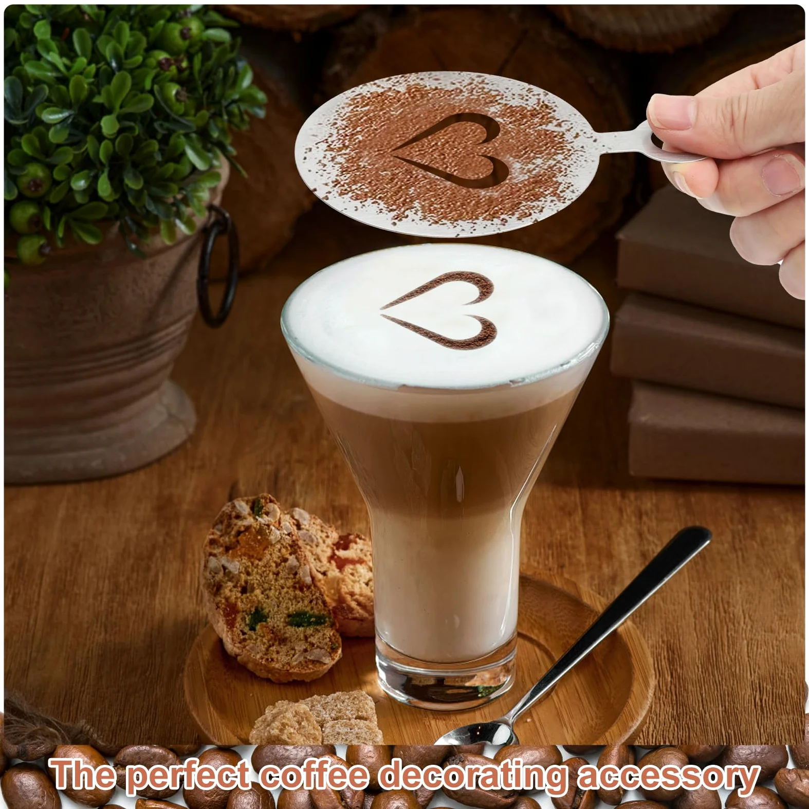 APOMOONS 8 sztuk szablonów do kawy, szablony do tortów ze stali nierdzewnej, akcesoria do kawy do latte art, cappuccino, dekoracja ciasta, 12 x 8,5 cm, 4 wzory