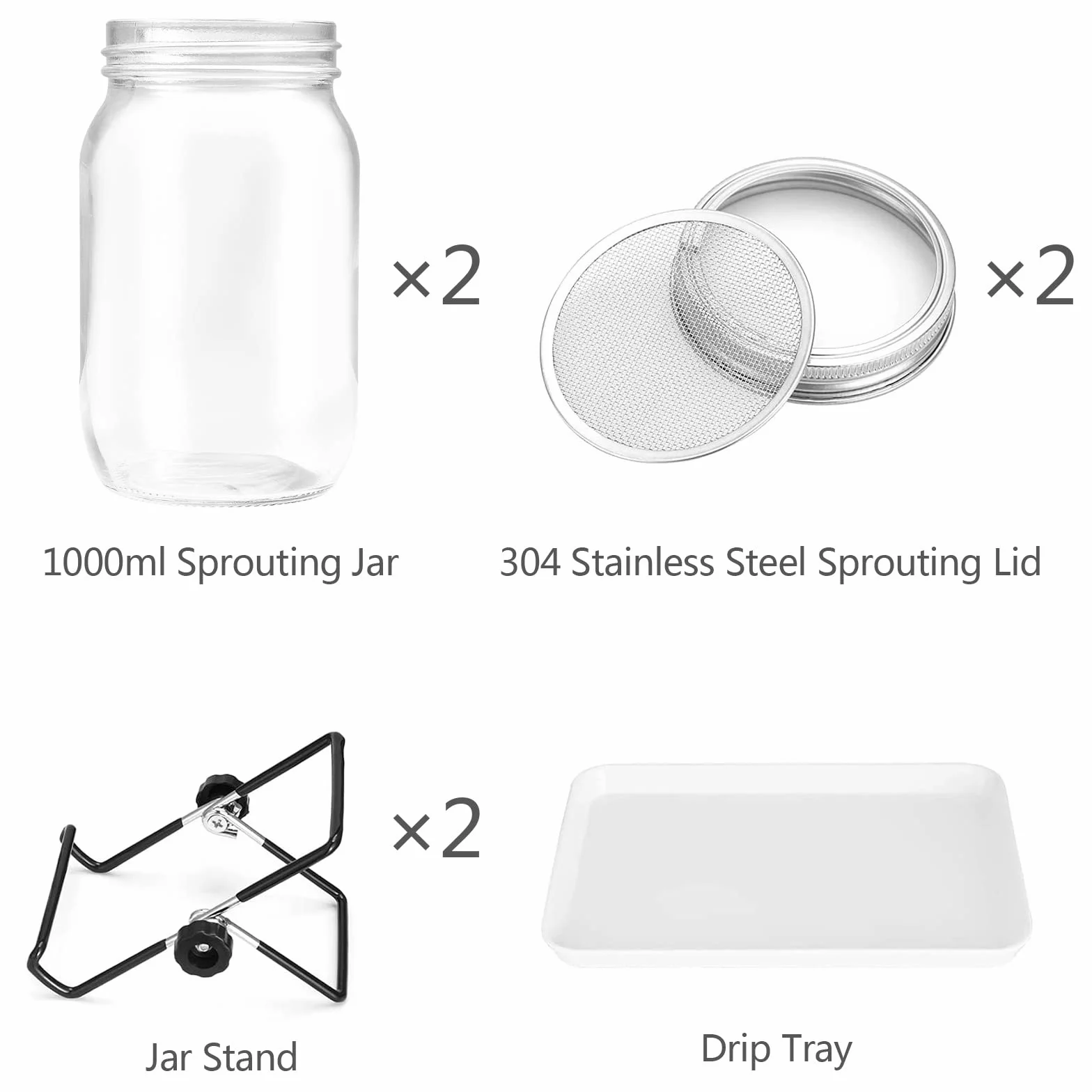 Diealles Shine Kieliszek do kiełkowania, 2 x 950 ml słoik na kiełki z 2 regulowanymi mocowaniami, 2 filtry ze stali nierdzewnej, 1 talerz plastikowy, słoik do kiełków, do hodowli kiełków