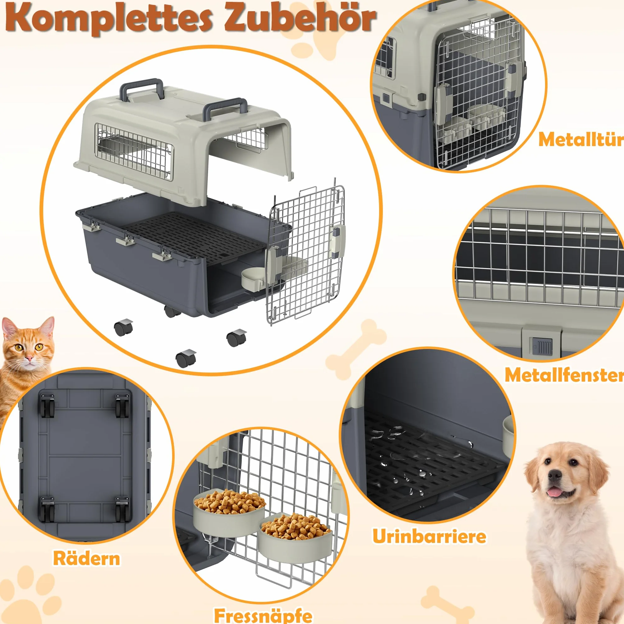 Froadp Pudełko transportowe dla zwierząt domowych, psa, kota, z tworzywa sztucznego PP, 67 x 51 x 58,5 cm, z kółkami i uchwytami dystansowymi na mocz i wiszącymi miseczkami do jedzenia