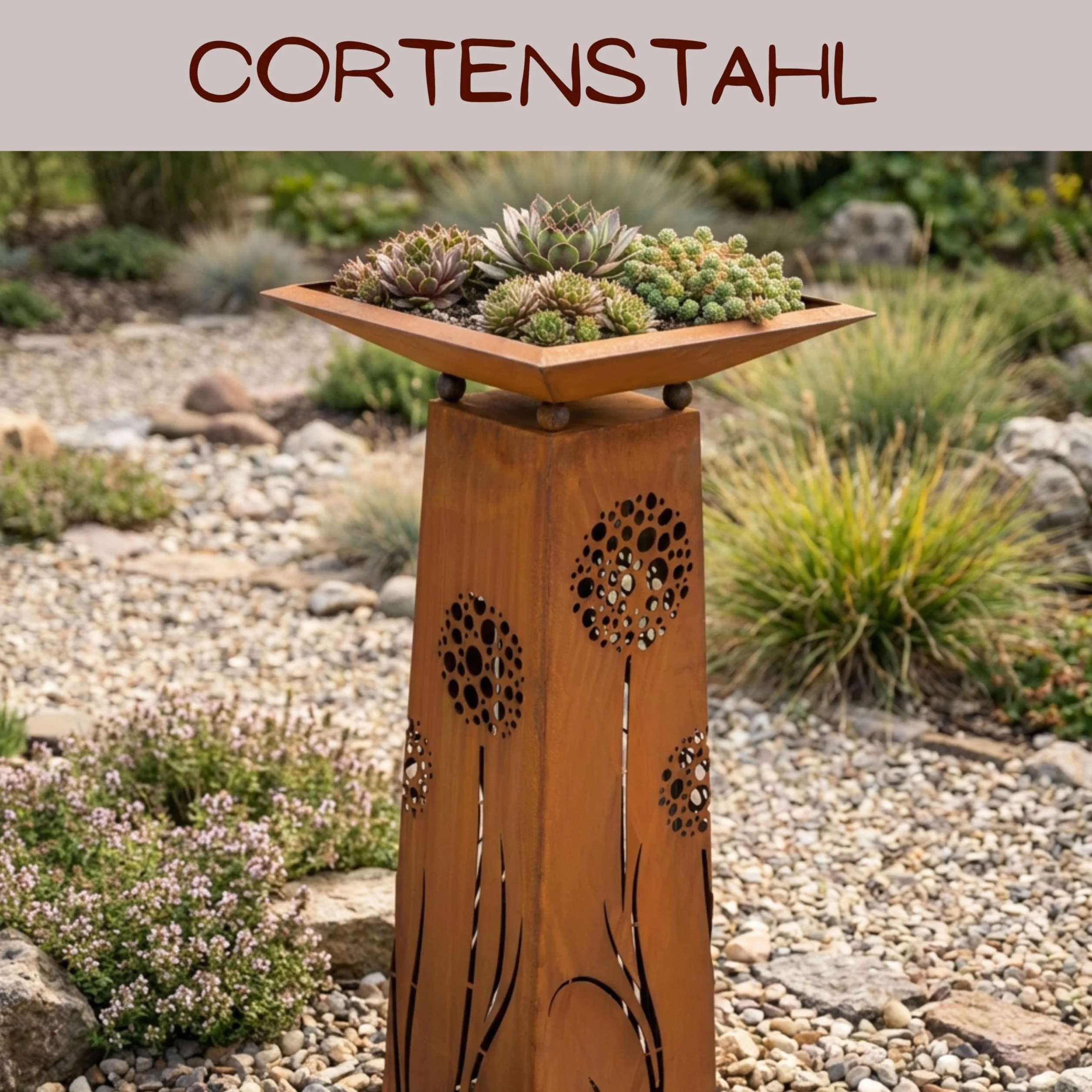 Rostikal | Pflanzsäule Pusteblumen | Gartensäule aus Metall | 1,15 m hoch | mit Schale eckig 50 x 50 cm
