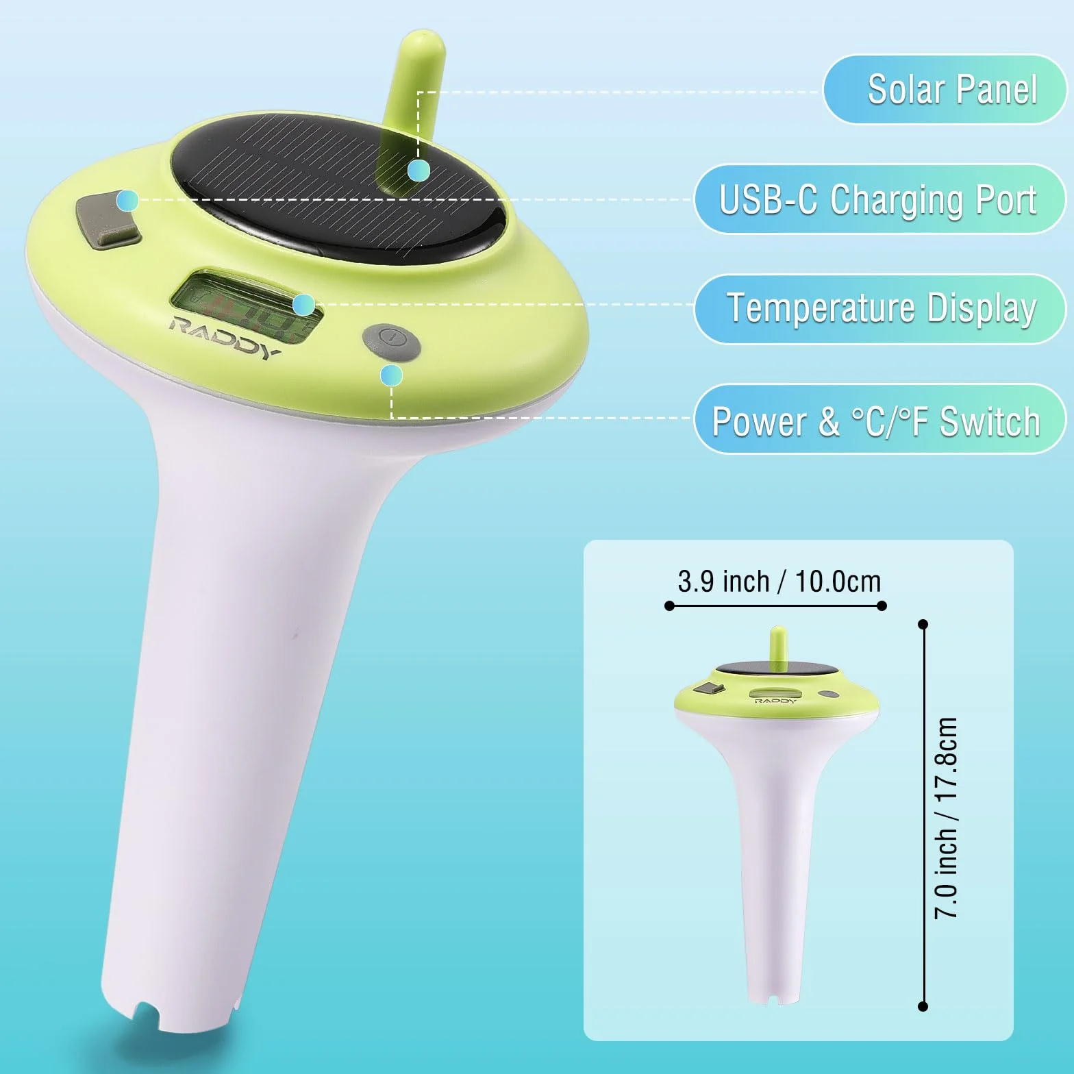 Raddy PT-5 Solar Pool Thermometer Pływający, Termometr o wysokiej dokładności, Łatwy do odczytania, IPX8, Zasilany energią słoneczną i baterią do basenów, jacuzzi, stawów, kąpieli lodowych