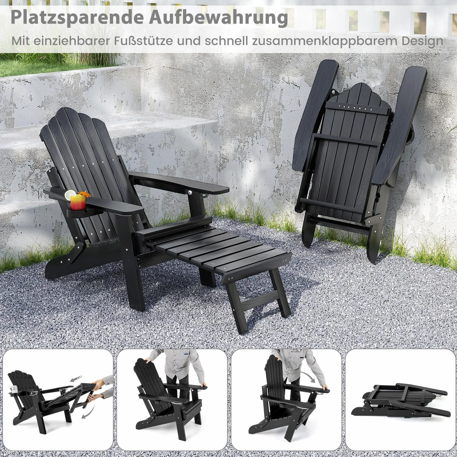 COSTWAY Składane krzesło Adirondack z podnóżkiem i regulowanym oparciem, odporne na warunki atmosferyczne Adirondack Chair z tworzywa sztucznego, fotel ogrodowy z uchwytem na napoje, do ogrodu, na