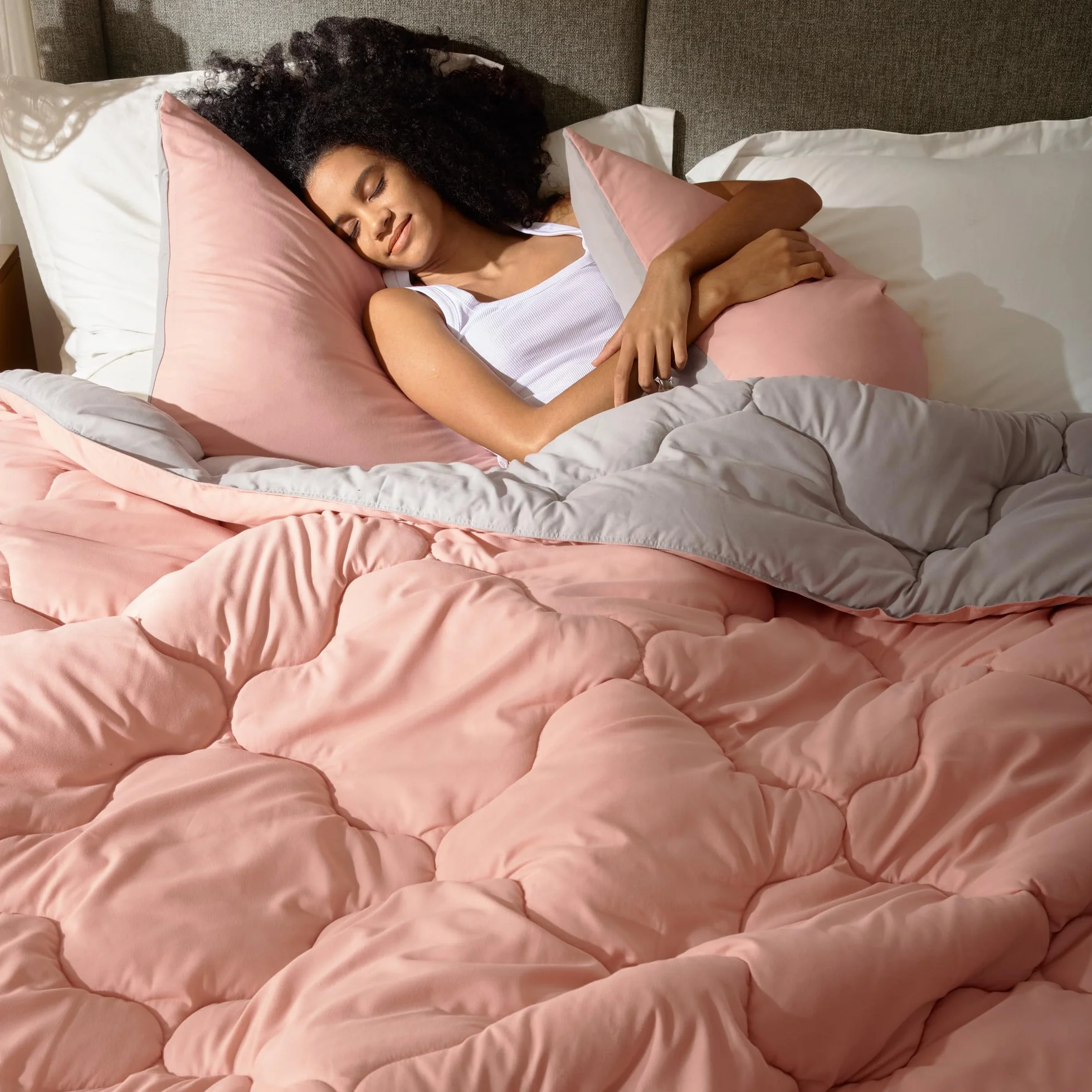 Comfort Spaces Vixie Reversible Comforter Set - Trendy Vibrant Color with Geometric Quilted Cover, Lightweight All Season Down Alternative Cozy Bedding, Sham, Coral/Gray, Full/Queen 3 piece