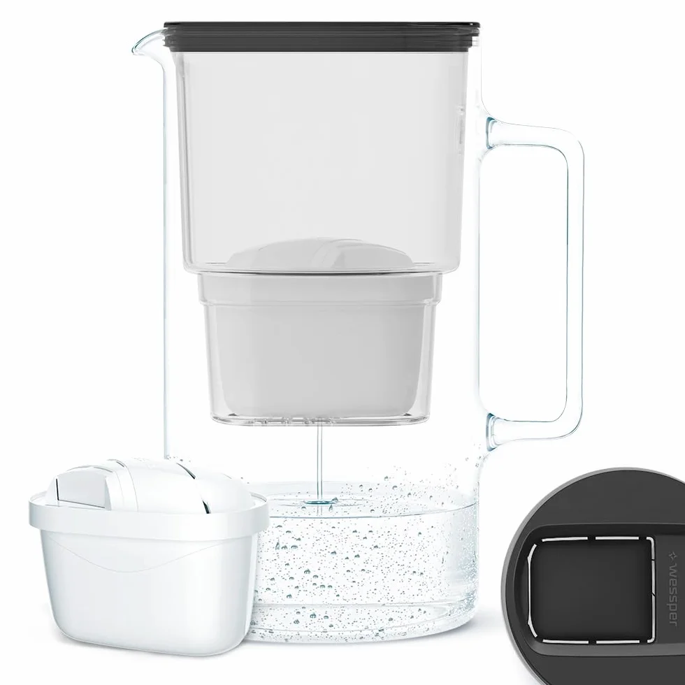 Wessper Szklana karafka na wodę 3L z filtrem | Zamiennik dla filtra Dafi Unimax Aquaphor A5 BRITA Maxtra+ PHILIPS AWP212/10 | Redukuje wapno, chlor i metale występujące w wodzie | Czarny