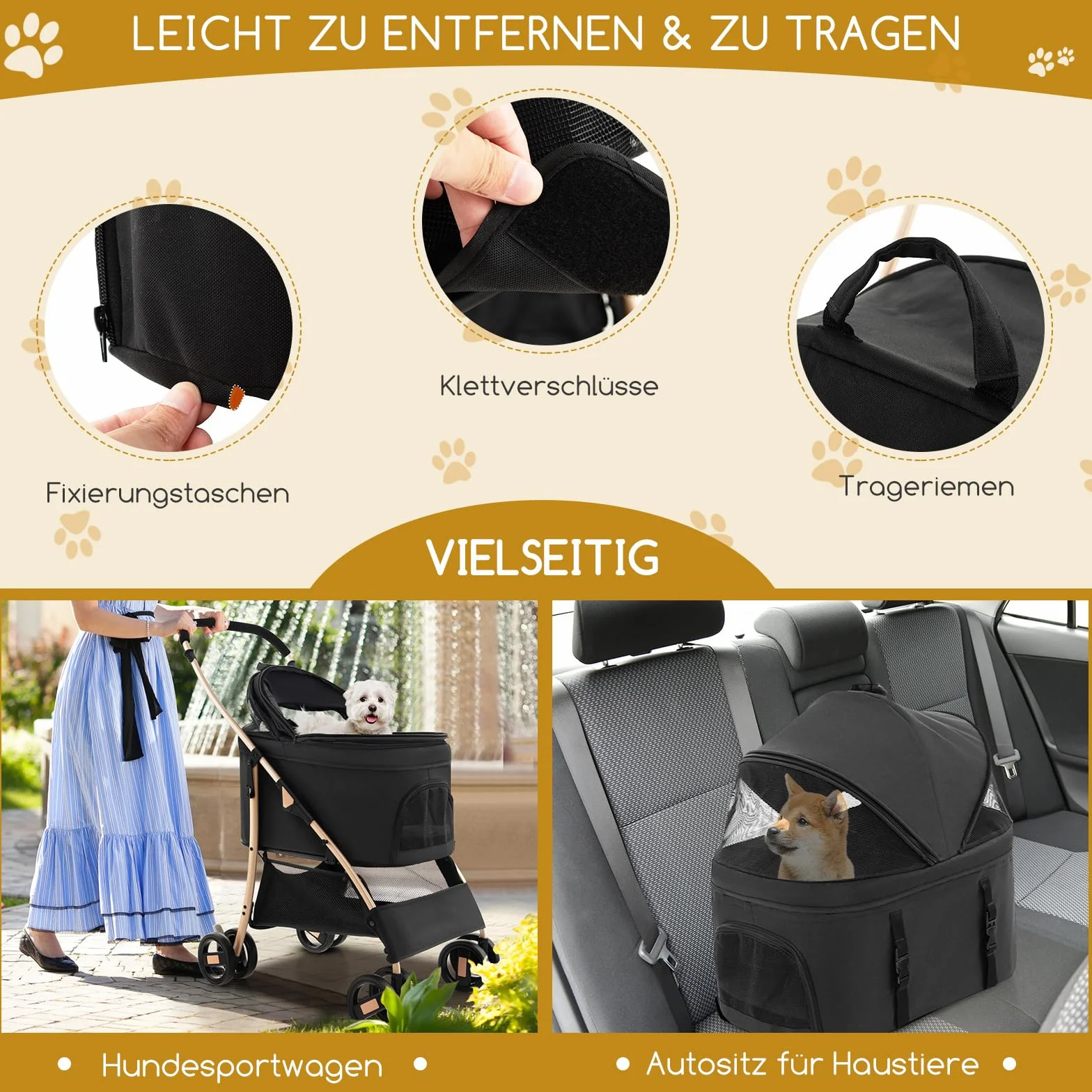 COSTWAY Wózek dla psów 3 w 1 składany 15 kg z okienkiem z siatki regulowany dach odpinany uchwyt i kosz czarny