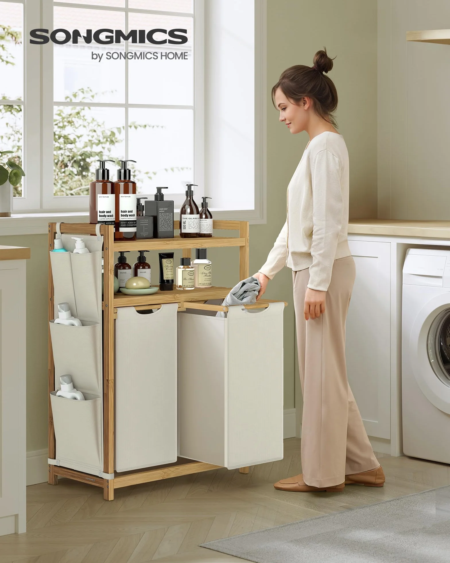 SONGMICS Kosz na pranie z 2 przegródkami, kosz na pranie, pojemność do 100 l, z półką, workiem na pranie, kieszeniami bocznymi, 2 x 50 l, 63 x 33 x 98 cm, kremowo-biały RLH200W01