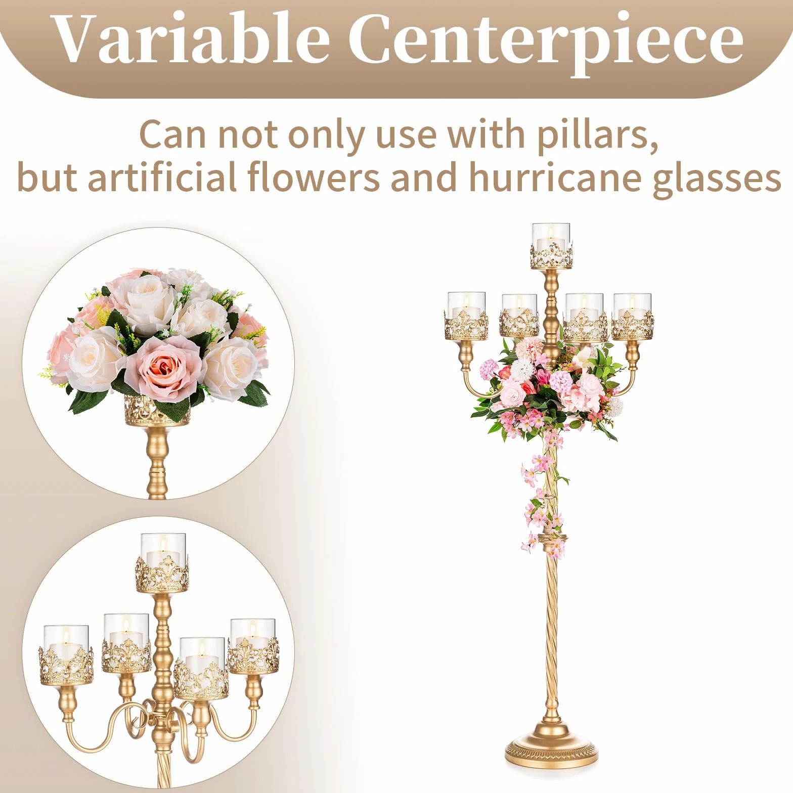Sziqiqi Candelabra 102 cm 5-ramienny złoty metalowy świecznik do dekoracji ślubnych – stojaki na świece podłogowe na świece filarowe, antyczne elementy centralne, stojak na kwiaty na wydarzenia,