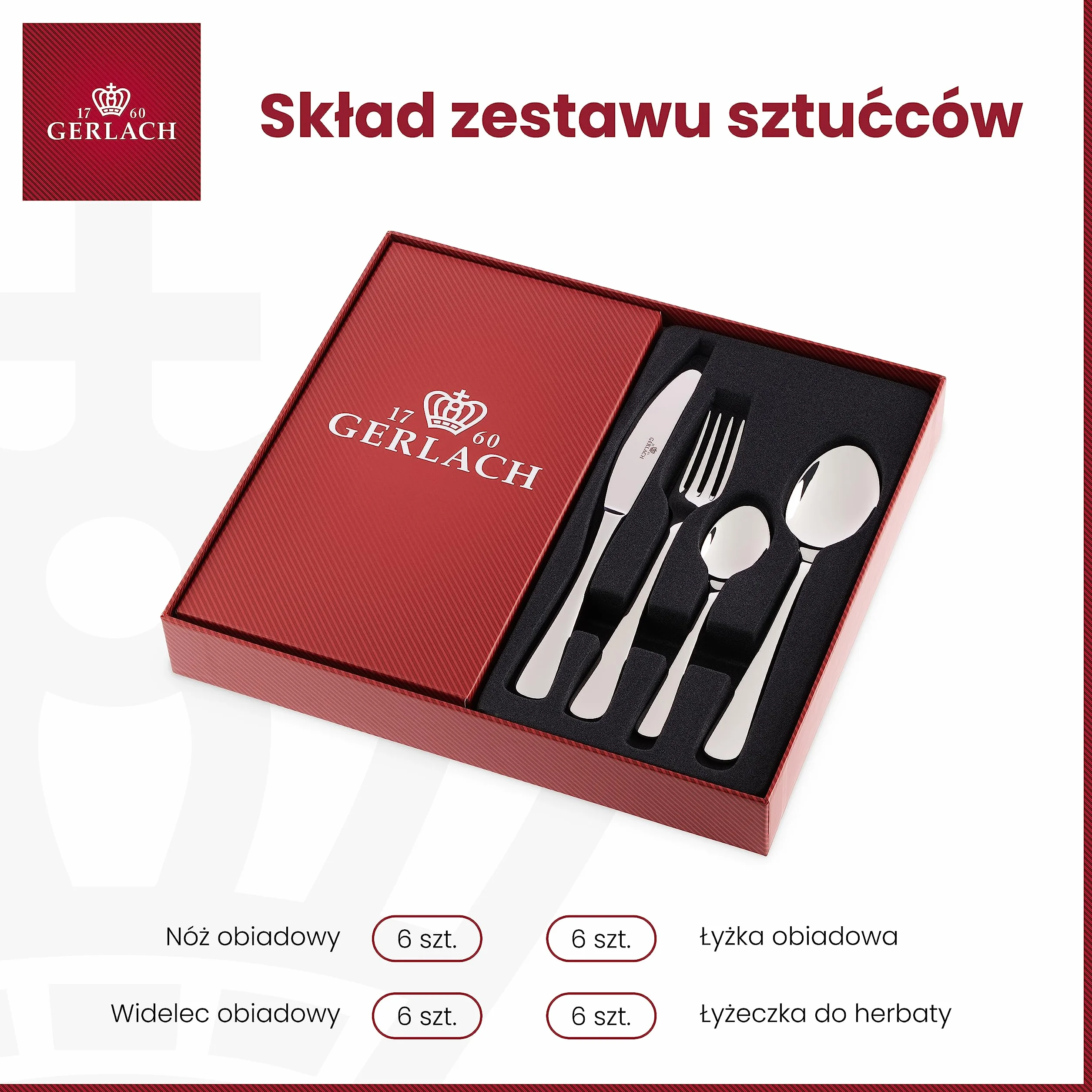 Gerlach Flow Zestaw Sztućców Dla 6 Osób Ze Stali Szlachetnej Nierdzewny Komplet Łyżka Widelec Nóż Obiadowy Łyżeczka Do Zmywarki Połysk 24 El