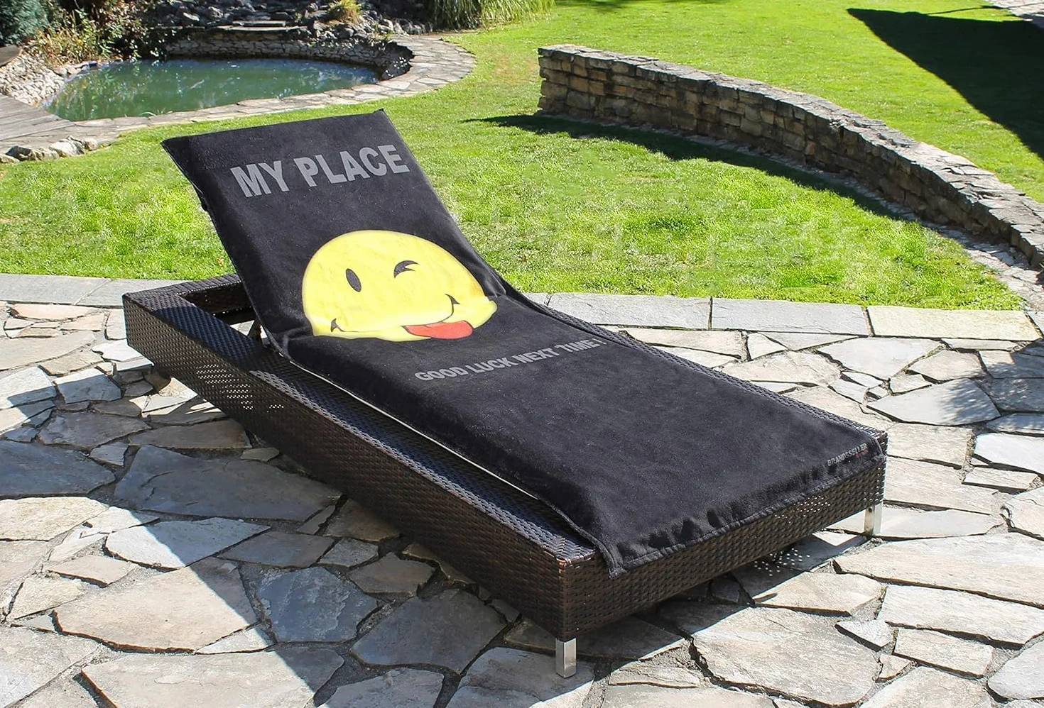 Brandsseller Pokrowiec ochronny na leżak ogrodowy, plażowy, ręcznik frotte, ok. 75x200 cm – czarny/smiley (My Place)
