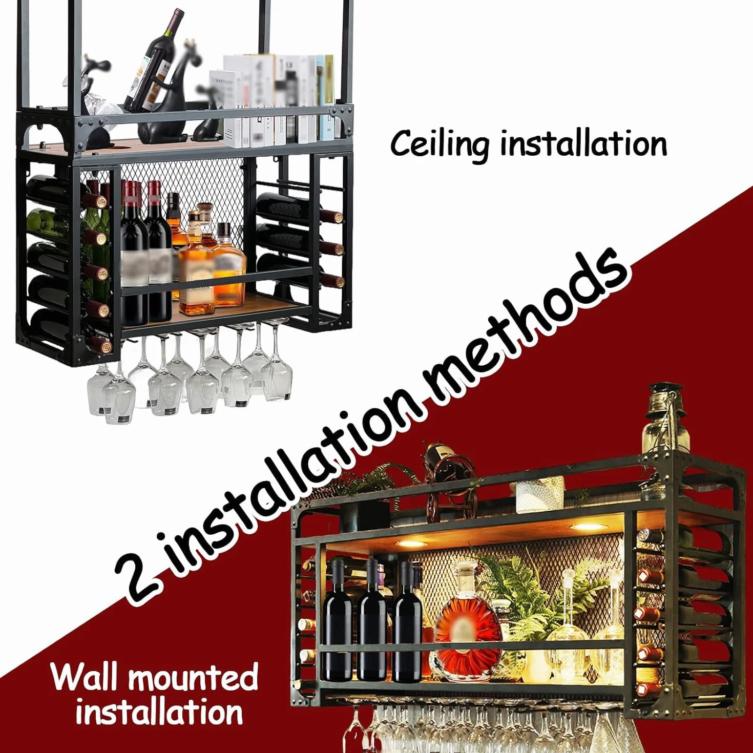 Wiszący metalowy stojak na wino ze światłem LED, Montowane na ścianie stojaki na wino, półka wisząca z metalu i drewna, uchwyt na kielichy, szafa na wino, do baru Cafe Kitche (80cm)