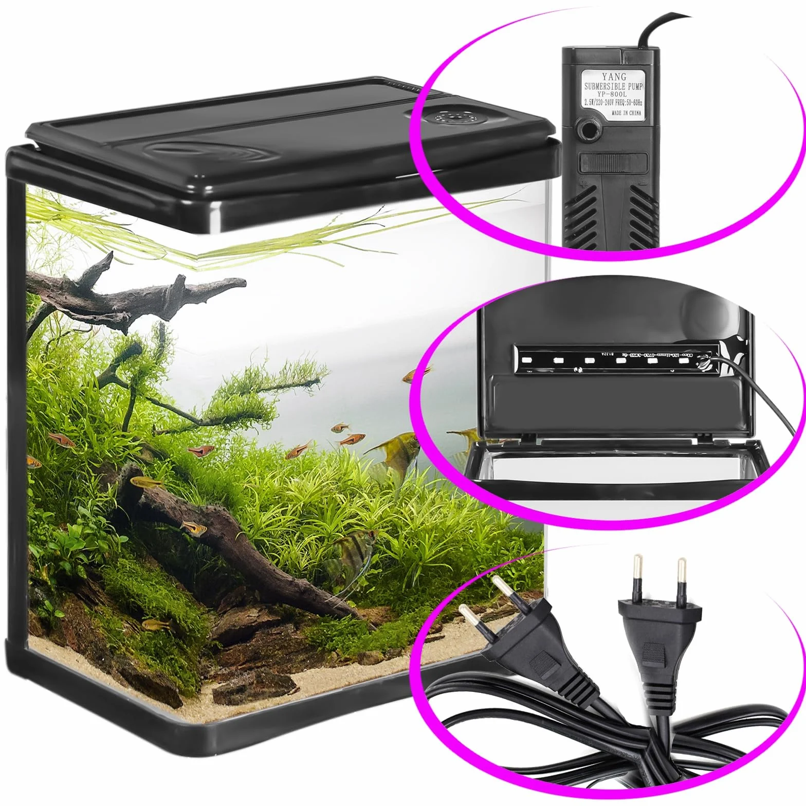 Arona - elegancki zestaw do akwarium 3 l w kolorze czarnym – kompletny zestaw z filtrem, oświetleniem LED i osłoną – idealny dla początkujących, do biura i mieszkania