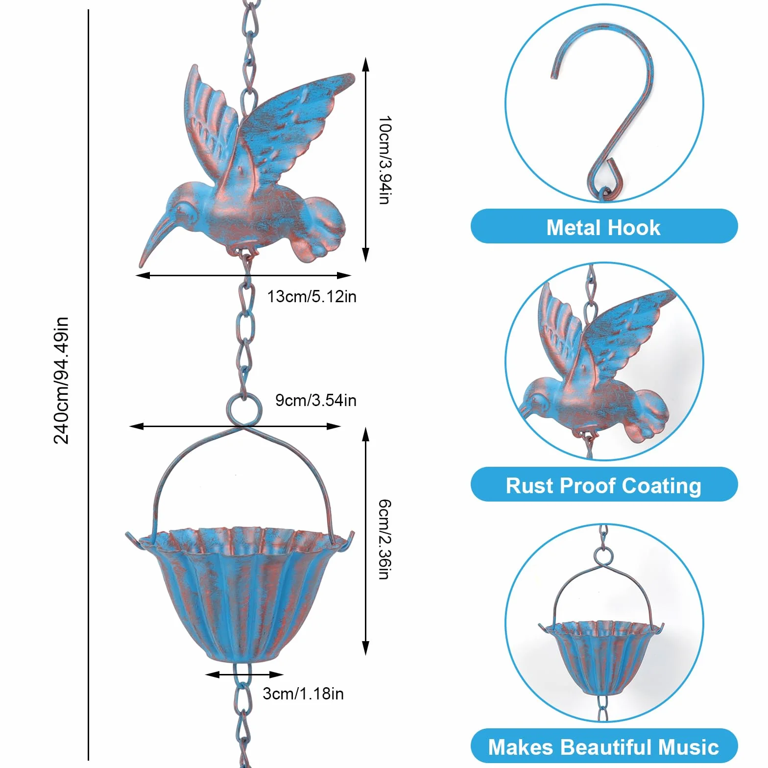 Łańcuch przeciwdeszczowy z kolibrem, 2,4 m, metalowy łańcuch spustowy w kolorze retro, 7 ptaków i 7 filiżanek, łańcuch przeciwdeszczowy Hummingbird, metalowy łańcuch przeciwdeszczowy do rynien