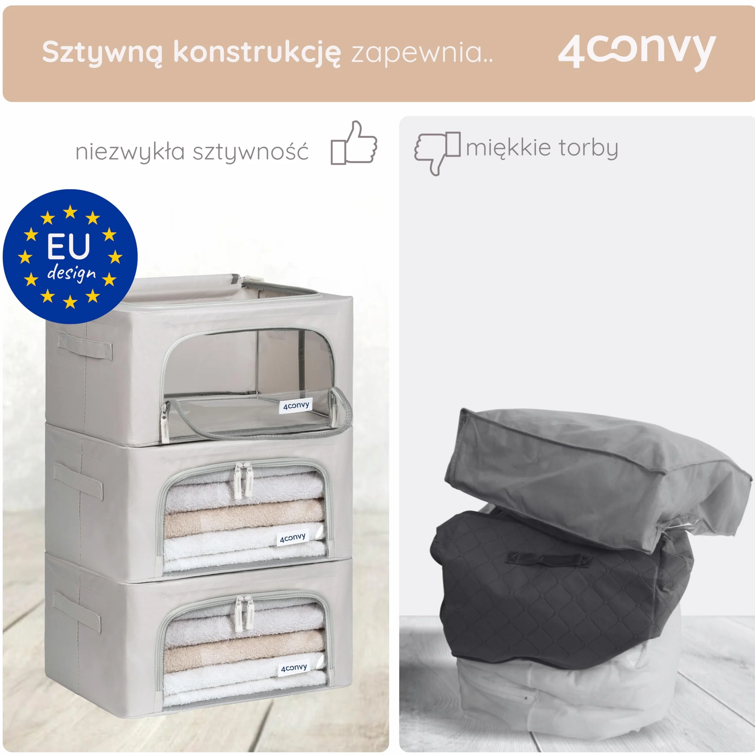 4CONVY Pokrowiec na pościel - pojemnik z oknem do przechowywania odzieży, kołder, poduszek, pościeli - składana torba z mocnego materiału (Szary, 3x24L)